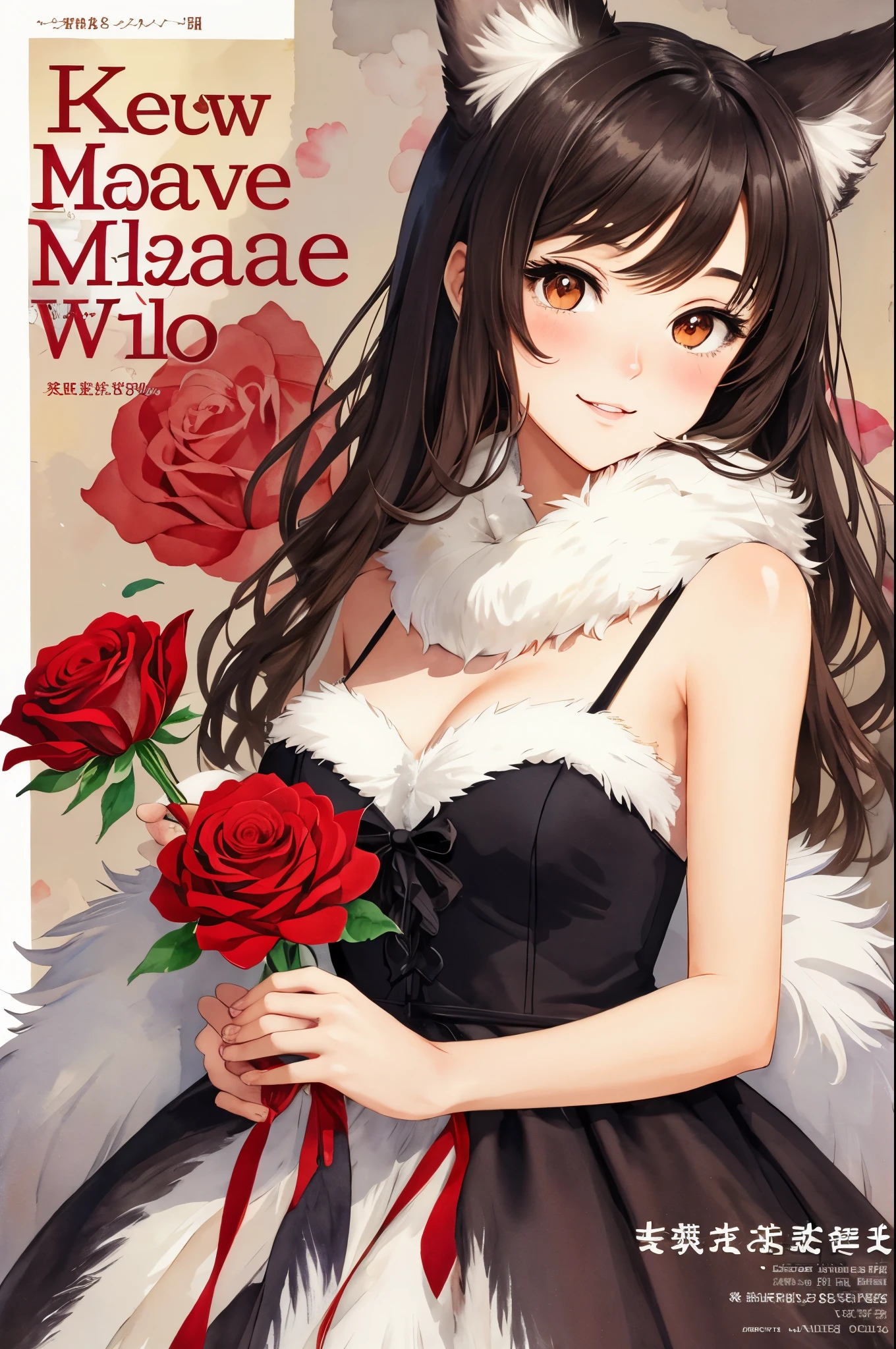 cover page, marriage information magazine, Watercolor elements, 1girl, kemono, furry, detailed body fur, animal face, animal hand, cute girl holding a red rose and looking at viewer,