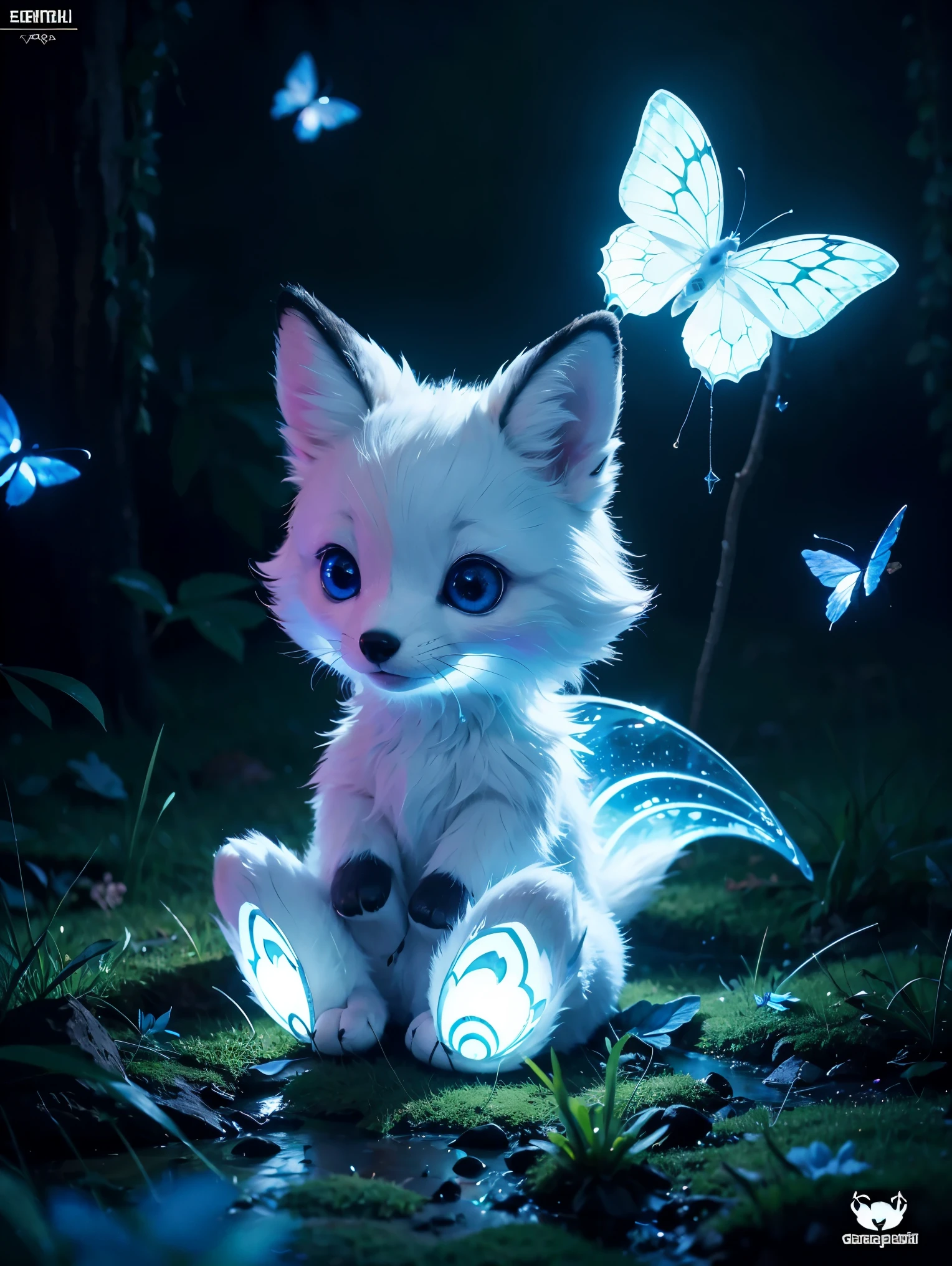 Spirit animal, score_9, score_8_up, score_7_up, score_6_up, score_5_up, score_4_up, ethereal ghost baby fox, adorable, cartoon character, glowing blue eyes, glowing butterflies, night time fantasy forest, realistic, extremely detailed, no humans