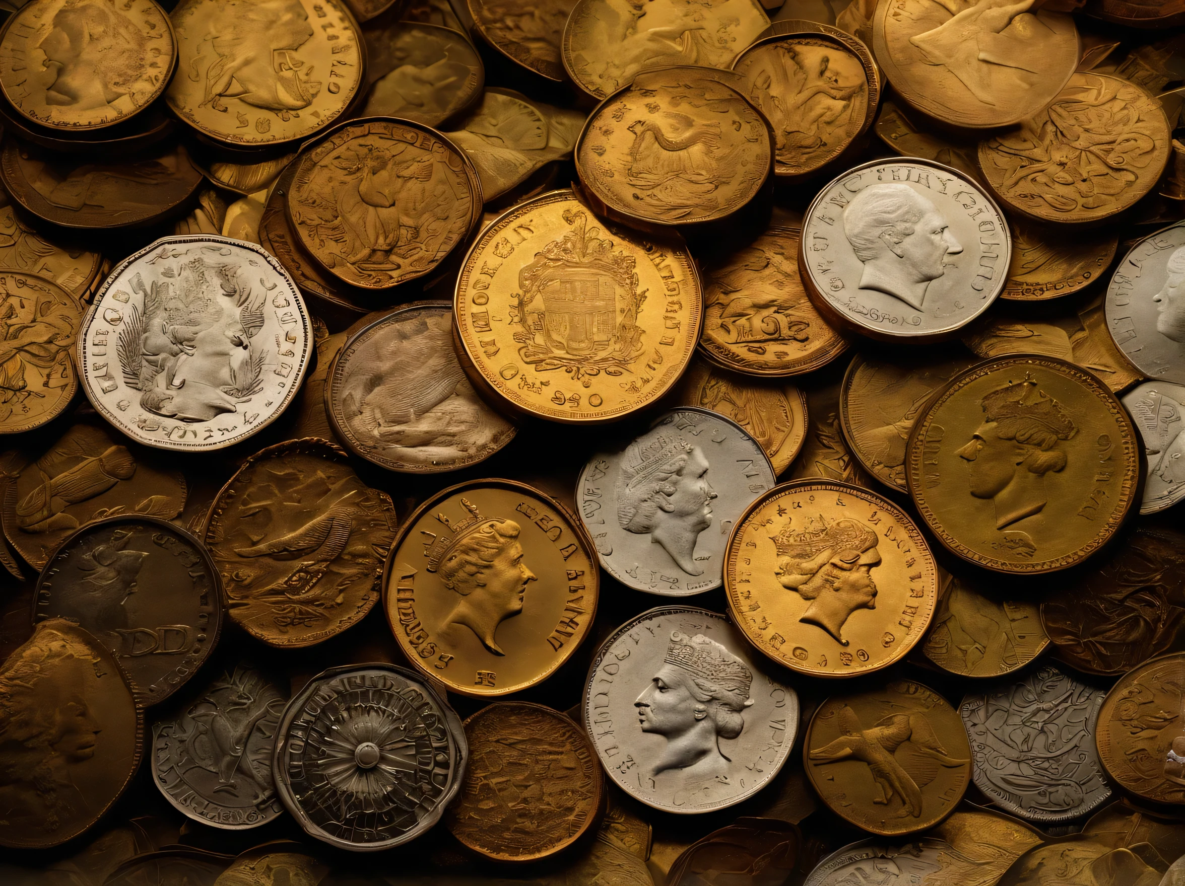 pile of world coinage, currency, close up