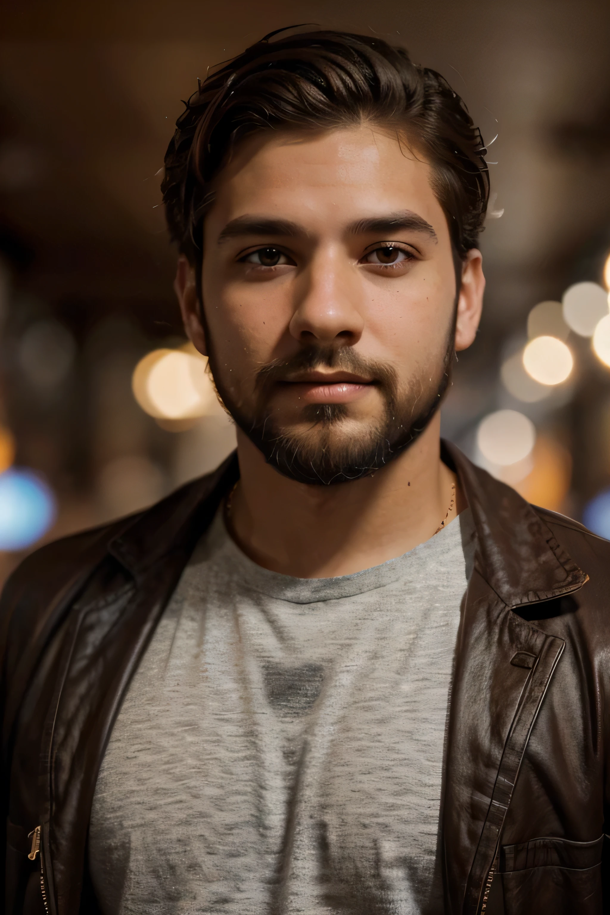 Samuel Rosa-inspired character,27-year-old, (bearded) [thick beard,short beard], (short, brown hair), (brown eyes), [handsome], [detailed facial features], [youthful appearance], [confident expression], [cool attitude], [fashionable clothing], [relaxed pose], [warm background], [artistically lit], (portrait style), (vivid colors), [high-res,4k], [ultra-detailed], [photorealistic], [studio lighting], [sharp focus], [professional], [bokeh]