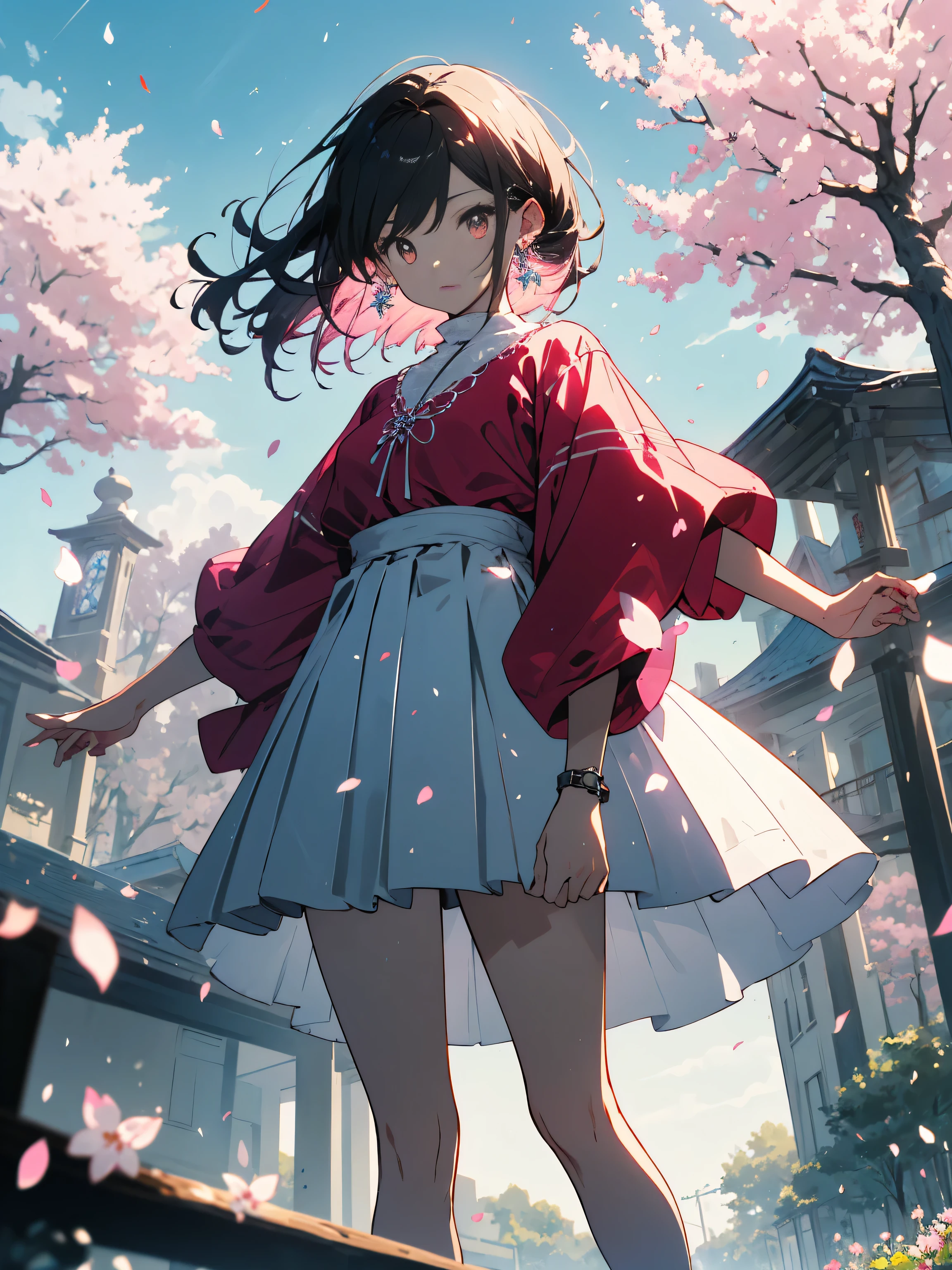 (masterpiece),(highest quality:1.0), (超High resolution:1.0), (Shining eyes、detailed beautiful face)、be familiar with illustration, 8K, anime, (1 girl),(casual dress、spring fashion)、(Blouse with white ruffles、lime green pleated skirt) 、beautiful anime, cute pose, cute face, be familiar with face, beautiful eyes, dark red eyes, be familiar with eyes, red lips, red lipstick, little brown hair, (pink flowers in ears,earrings)、 (white ankle short boots)、hair highlights, Are standing, Cherry blossoms are blooming on the tree behind me, blue sky with clouds, be familiar with, Complex, anime style, highly be familiar with、(whole body)、(highest quality、masterpiece、High resolution、detailed)、(beautiful anime)