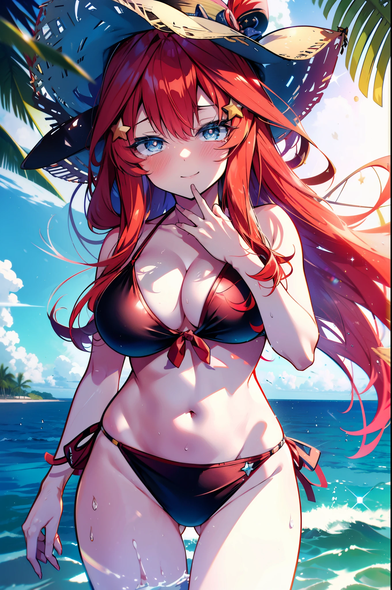 itsukinakano, itsuki nakano, bangs, blue eyes, hair between eyes, Ahoge, redhead, star \(symbol\), hair ornaments, star hair ornaments,big breasts,Smile, smile, open your mouth,big straw hat, Red Bikini Swimsuit,bare belly,Red long sarong swimsuit,barefoot, beach outfit,true summer,Palm tree,
break outdoors, beach,
break looking at viewer,whole body, (cowboy shot:1.5),
break (masterpiece:1.2), highest quality, High resolution, unity 8k wallpaper, (figure:0.8), (detailed and beautiful eyes:1.6), highly detailed face, perfect lighting, Very detailed CG, (perfect hands, perfect anatomy),