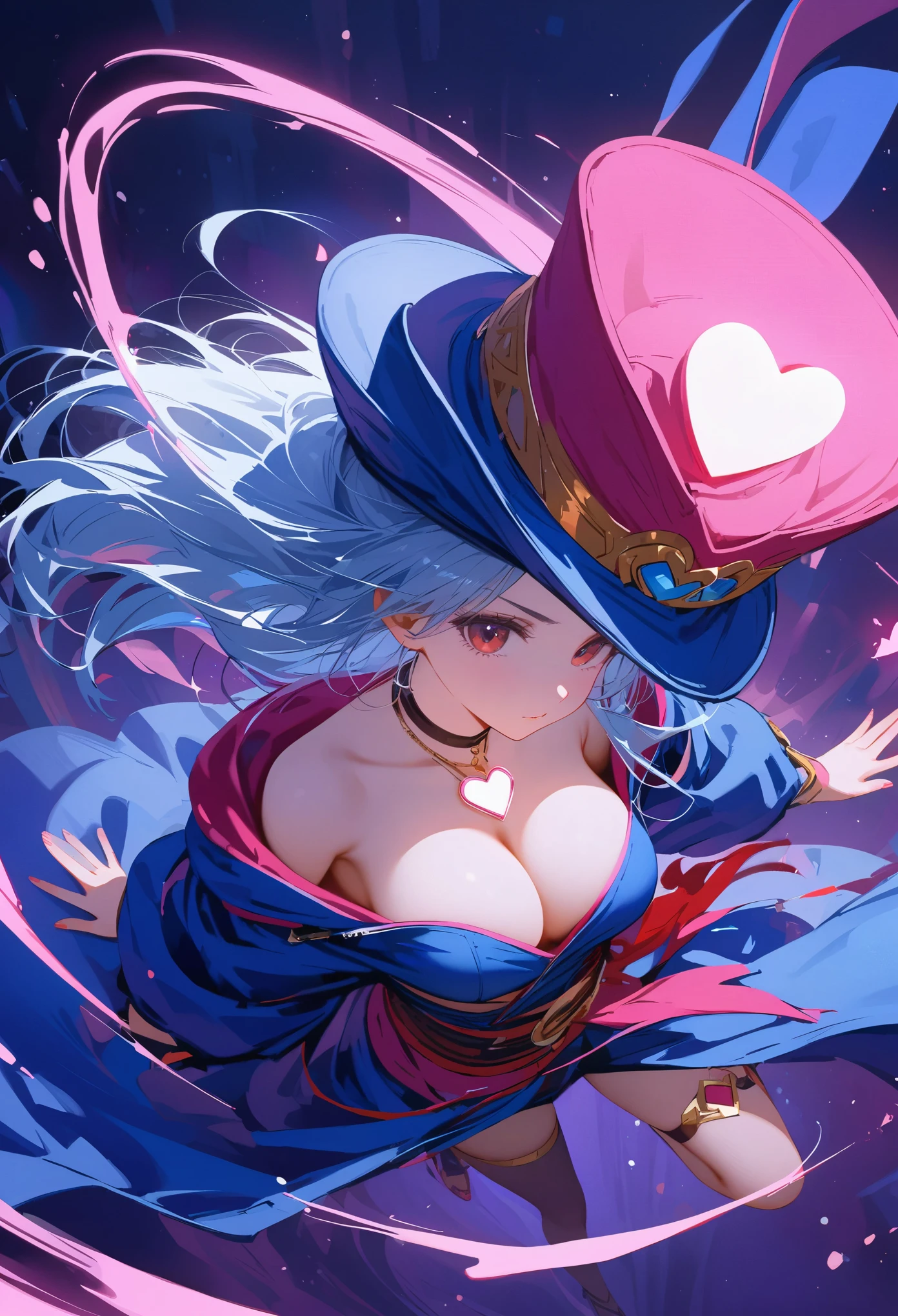 (masterpiece:1.2), (best quality:1.2), perfect lighting, Dark magician girl casts spell, floating in the air, big deal , neckline, magic background. Transparent heart in the air, blue robe, large hat, from above, Glittering, Yu-Gi-Oh cards in the background