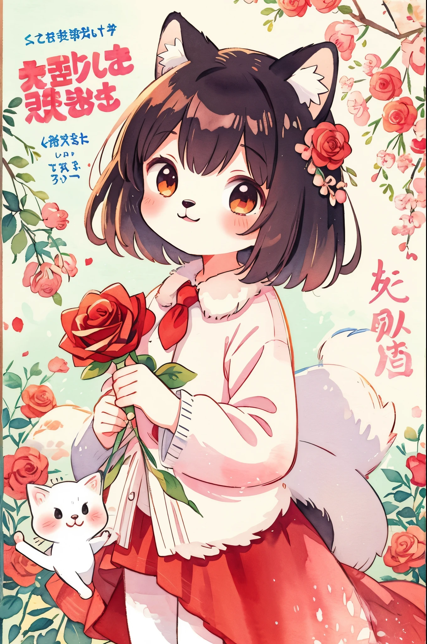 cover page, marriage information magazine, Watercolor elements, 1girl, kemono, furry, detailed body fur, animal face, animal hand, cute girl holding a red rose and looking at viewer,