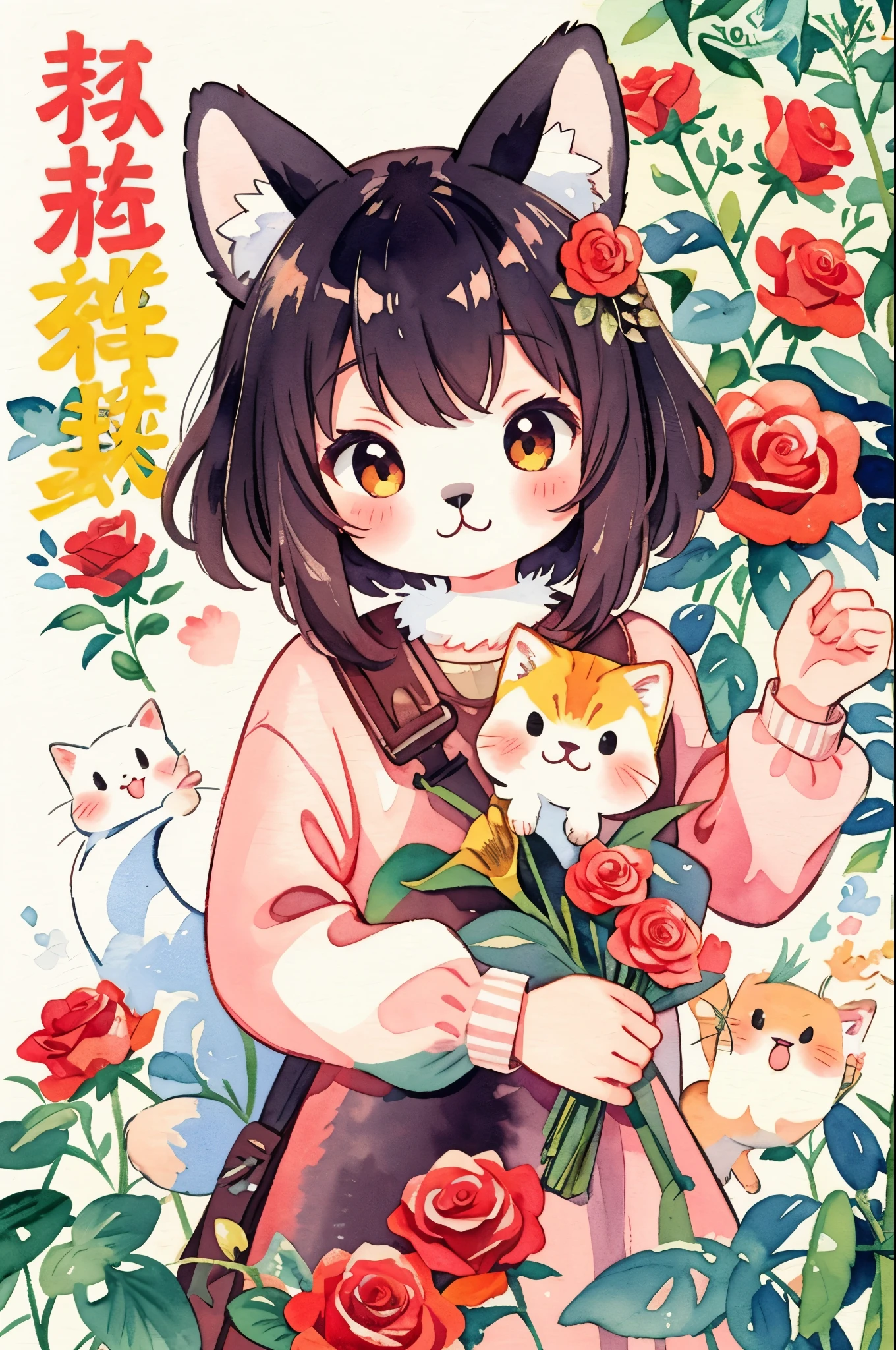 cover page, marriage information magazine, Watercolor elements, 1girl, kemono, furry, detailed body fur, animal face, animal hand, cute girl holding a red rose and looking at viewer,