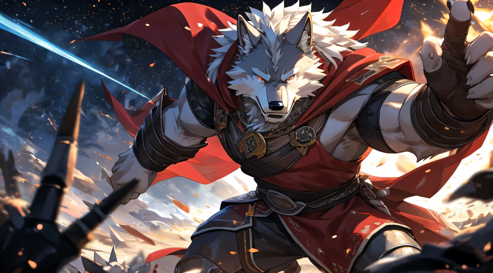 Humanity((dramatic))epic, dynamic poses, A scene from a movie, Extreme perspective and powerful composition, Ridiculous, Magnificent scenes of fierce battle between beasts, (Super detailed), sharp focus, Negi, eyes, BlackEye, Eye, hairy, light white fur, brown fur, White beard, Humanity (Wolf), male, middle aged, gray body, white belly, muscular, knight clothing, red cherry long cloak, Super detailed face, (Detailed Eye), (close up:1), (The backdrop is a vast view of war:0.5), light particles, motion blur, depth of field, (best quality), (masterpiece), high detail, high quality, Award-winning, high resolution, HD, 16K