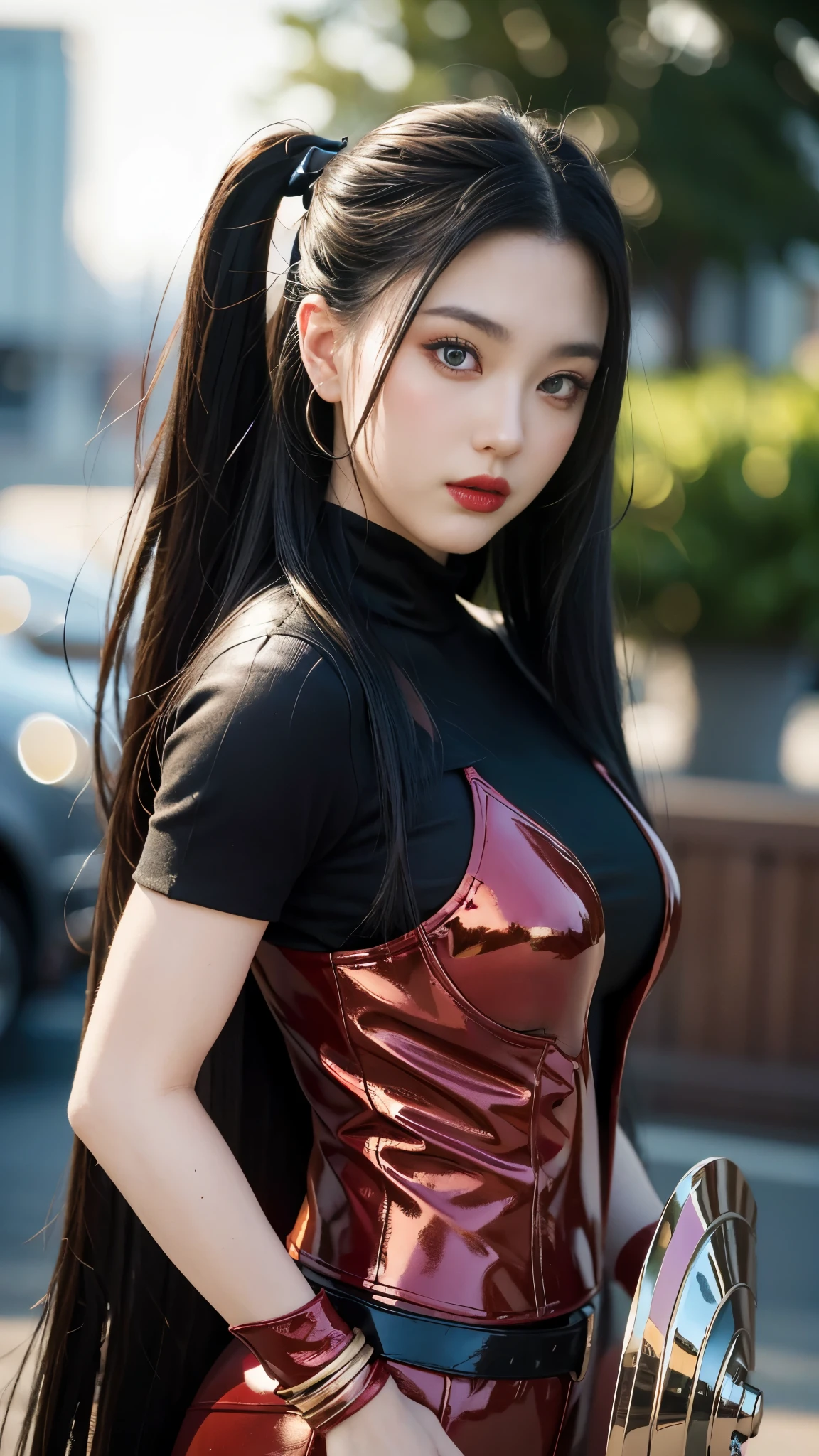 Close-up of a woman holding a shield in red and black outfit, clear eyes, symmetrical eyes, dark eye shadow, 8k Artgerm bokeh, extremely detailed ArtGerm, role-playing of the Black Queen of Harley, IG Model | Art Germ, Art Germ Style, in the style of Marvel and DC, in the style Art Germ, Style Art Germ, Art Germ Julie Bell Bipple