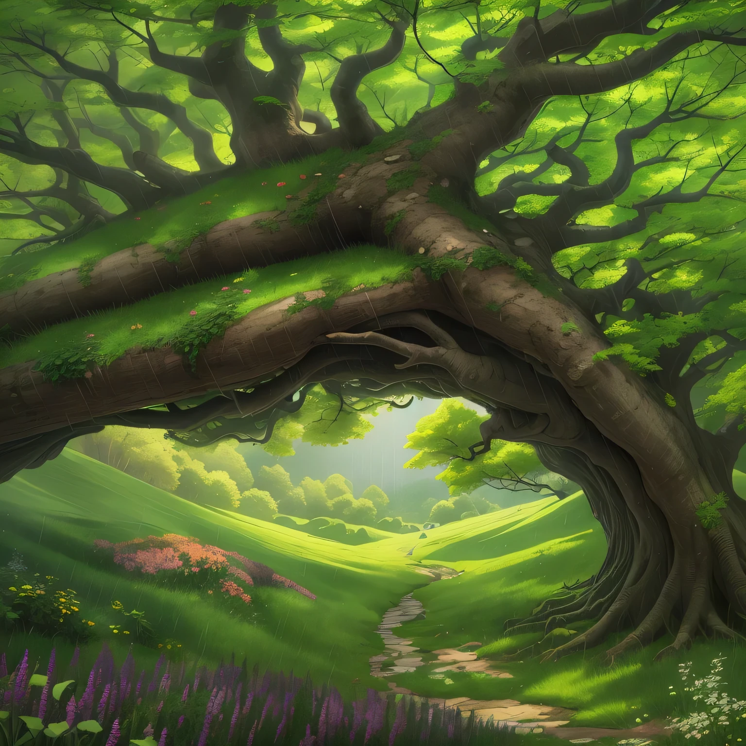 grassland、A hollow in a tree where you can take shelter from the rain、landscape
