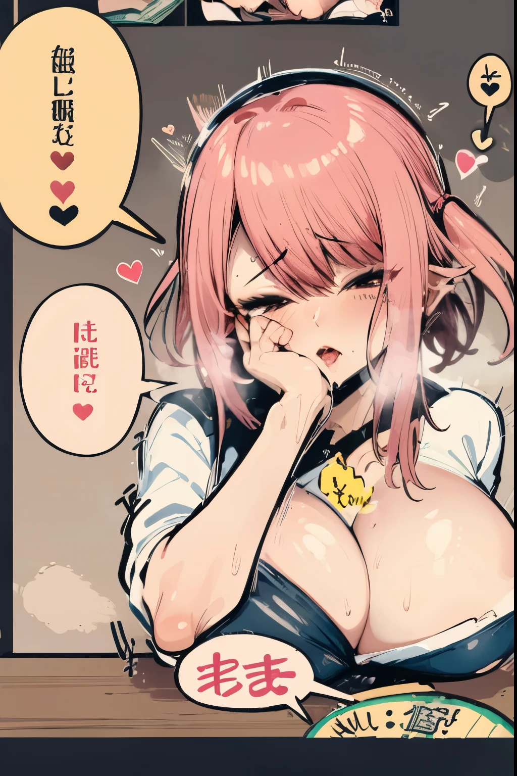 (((big breasts)))、put your hand on your face、(exclamation mark, moan, many hearts,spoken heart, comic strip, (moving line, motion blur, shaking violently:0.5)big heart speech bubble,