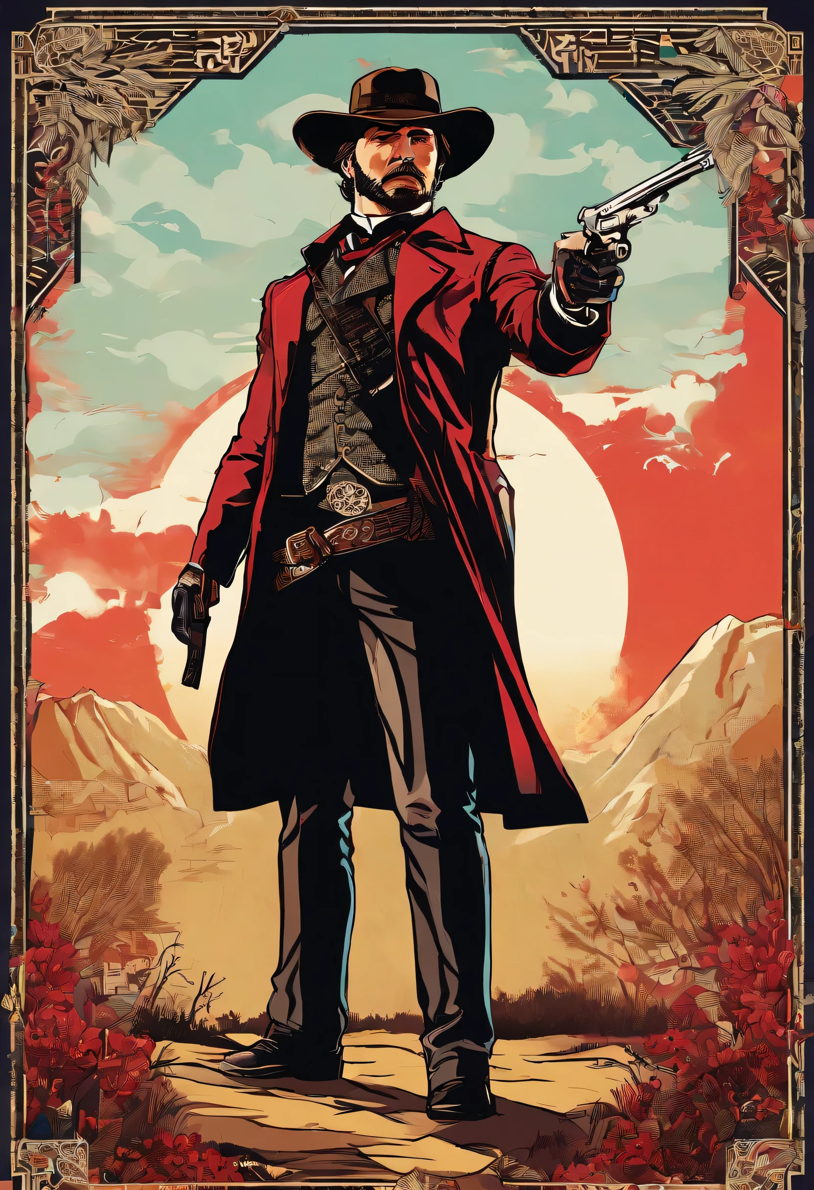《Red Dead Redemption 2》Full body picture of a dangerous illegal gunman, Wearing a black fur coat,suit vest,clean shaven,without a beard,Detailed portrait, Vintage illustration, High-res, Realistic colors, intricate drawing, Vibrant colors, Dramatic lighting, Full body shot, There are only clean calves on the face, The whole body from the feet to the top. Eastern United States 1899 forest hut background, There are grasses and many trees,Cigarette card color,Cigarette card,Old paper texture