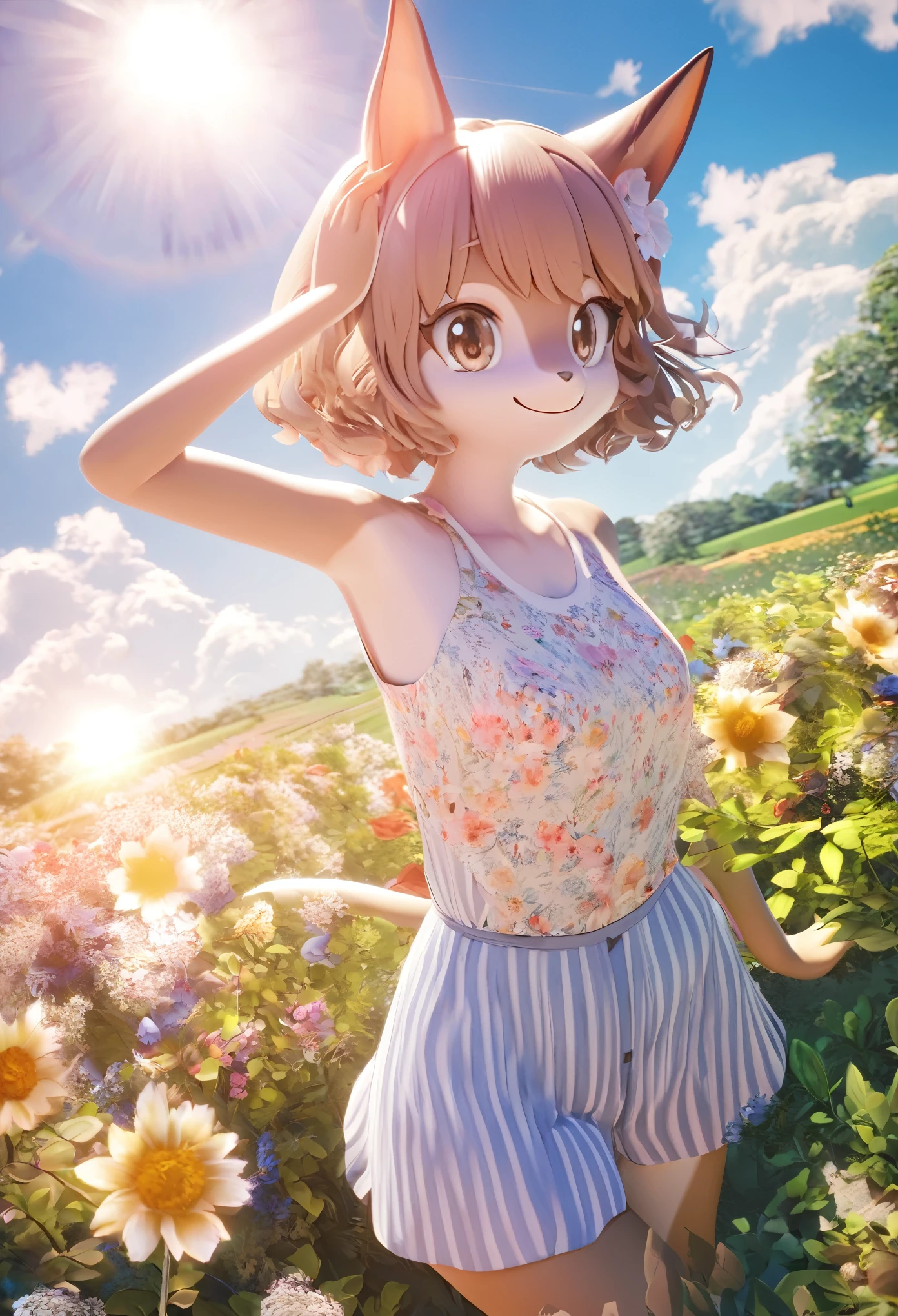 anime key visual, top quality, highres, High-quality illustrations, unparalleled masterpiece(movie of life)nature inspired imagery, rendered in maya, romanticized views, lively illustrations, whimsical cartoonish, farm, Blue sky, clouds, florals Beautiful garden(furry anthro, solo, girl, casual fashion, Relux pose, Smile)absurdres, perfect anatomy, caustics, cinematic lighting, lens flare, deep shadow, dynamic angle,