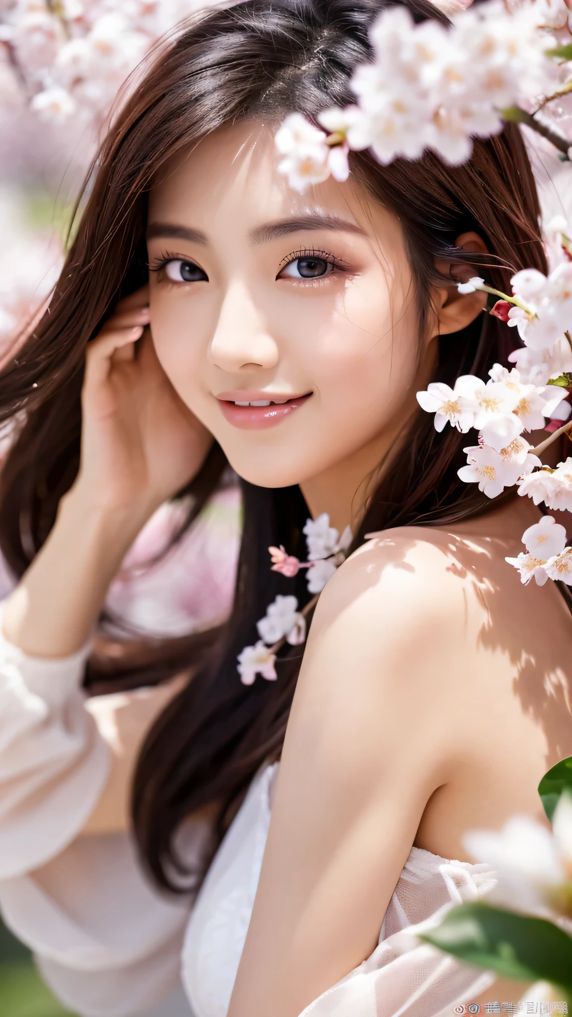 highest resolution、8k、25 year old female、Japanese、sexy、slender body shape、double eyelid、realistic teeth、whole body、High resolution、fine eyes、Inside the cherry blossoms、beautiful feet、realistic hands、realistic nails、contrast、saturation