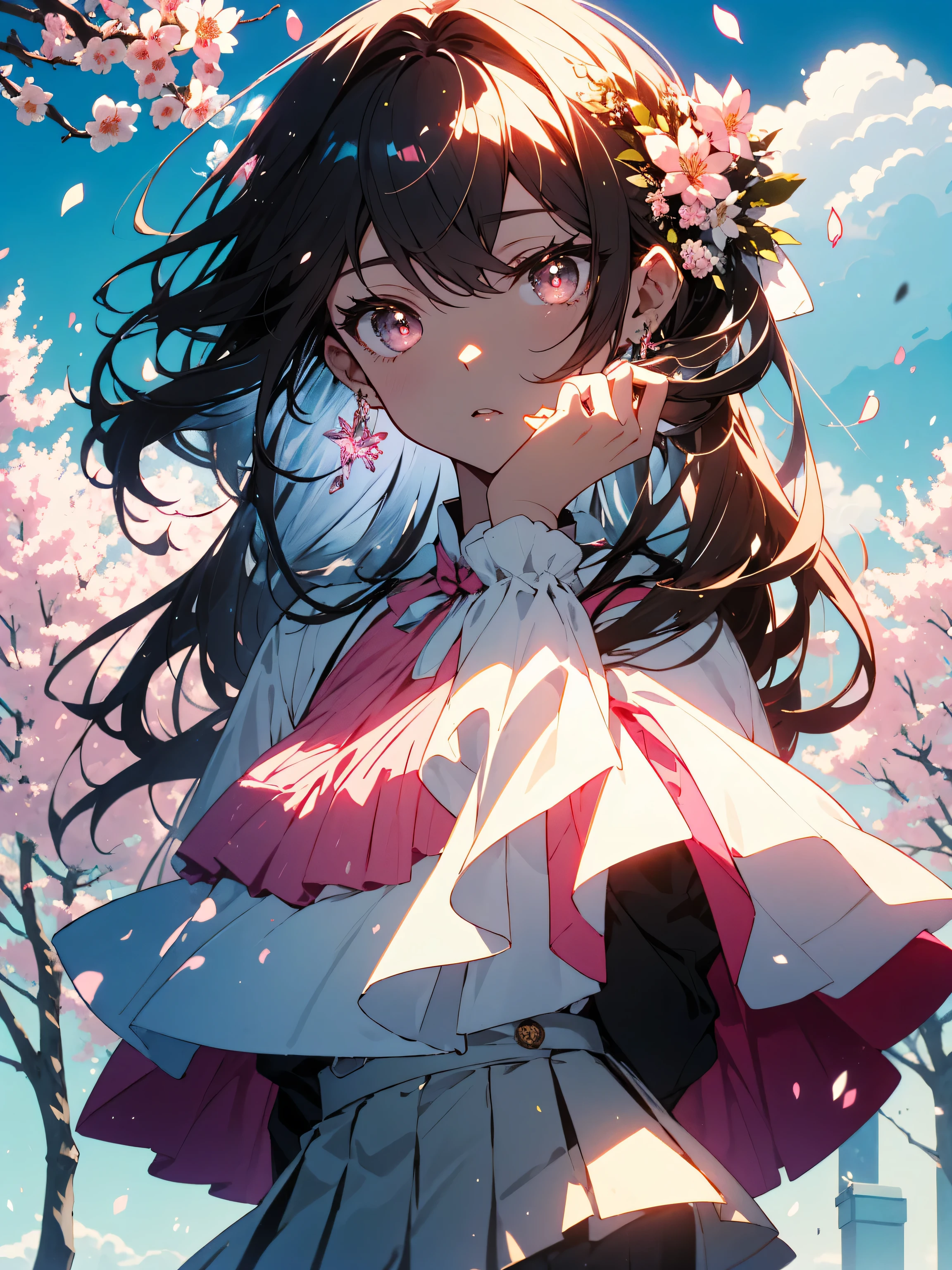 (masterpiece),(highest quality:1.0), (超High resolution:1.0), (Shining eyes、detailed beautiful face)、be familiar with illustration, 8K, anime, (1 girl),(casual dress、spring fashion)、(Blouse with white ruffles、lime green pleated skirt) 、beautiful anime, cute pose, cute face, be familiar with face, beautiful eyes, dark red eyes, be familiar with eyes, red lips, red lipstick, little brown hair, (pink flowers in ears,earrings)、 (white ankle short boots)、hair highlights, Are standing, Cherry blossoms are blooming on the tree behind me, blue sky with clouds, be familiar with, Complex, anime style, highly be familiar with、(whole body)、(highest quality、masterpiece、High resolution、detailed)、(beautiful anime)