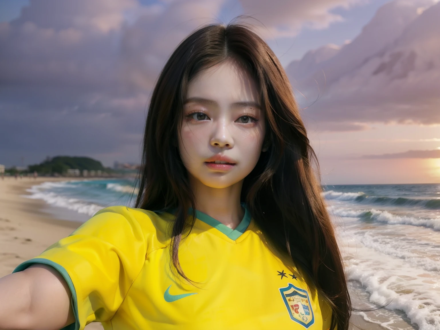 mulher arafa tirando uma selfie na praia com uma camisa de futebol, linda mulher sul-coreana, Fotografia selfie 8k, jennie blackpink, Ulzzang, coreana, jaeyeon nam, with sunset, linda jovem coreana, Cabelo ondulado tema amarelo, linda jovem coreana, Retrato de Jossi do Blackpink, taejune kim, Sun Yunjoo