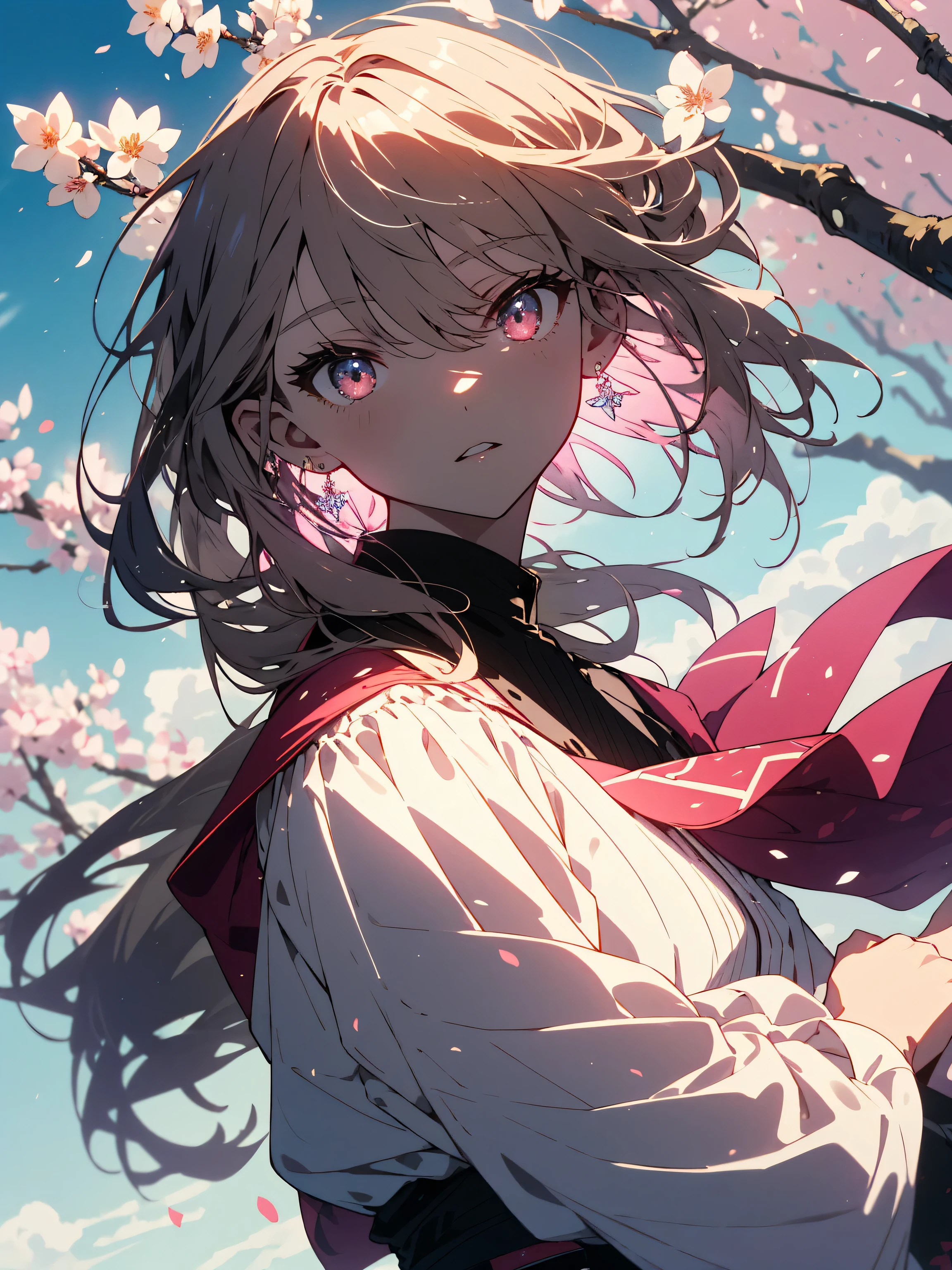 (masterpiece),(highest quality:1.0), (超High resolution:1.0), (Shining eyes、detailed beautiful face)、be familiar with illustration, 8K, anime, (1 girl),(casual dress、spring fashion)、(Blouse with white ruffles、lime green pleated skirt) 、beautiful anime, cute pose, cute face, be familiar with face, beautiful eyes, dark red eyes, be familiar with eyes, red lips, red lipstick, little brown hair, (pink flowers in ears,earrings)、 (white ankle short boots)、hair highlights, Are standing, Cherry blossoms are blooming on the tree behind me, blue sky with clouds, be familiar with, Complex, anime style, highly be familiar with、(whole body)、(highest quality、masterpiece、High resolution、detailed)、(beautiful anime)
