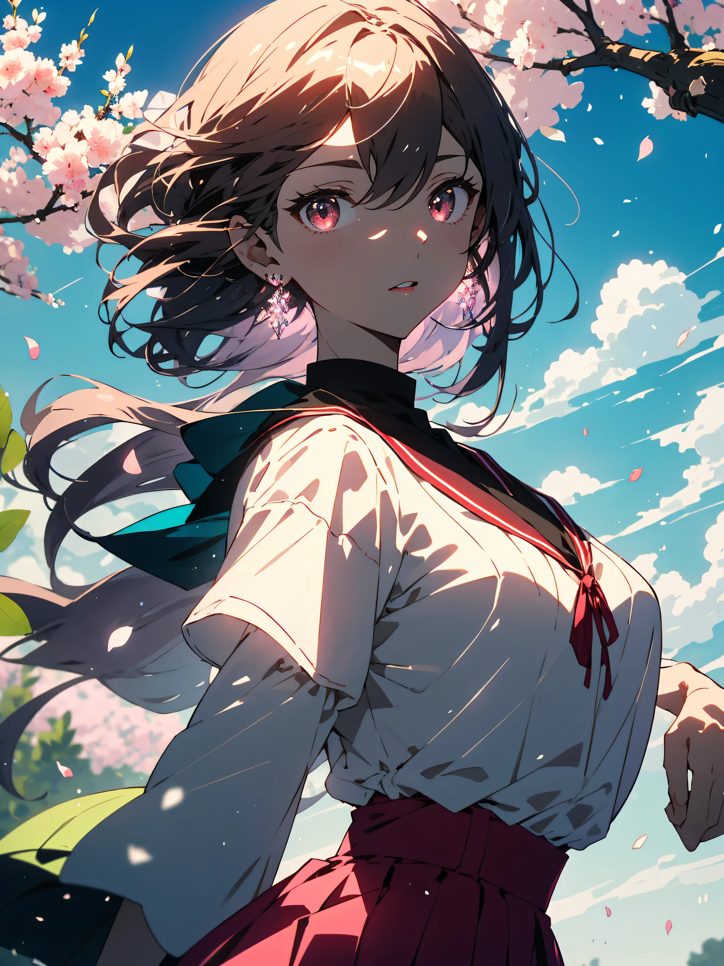 (masterpiece),(highest quality:1.0), (超High resolution:1.0), (Shining eyes、detailed beautiful face)、be familiar with illustration, 8K, anime, (1 girl),(casual dress、spring fashion)、(Blouse with white ruffles、lime green pleated skirt) 、beautiful anime, cute pose, cute face, be familiar with face, beautiful eyes, dark red eyes, be familiar with eyes, red lips, red lipstick, little brown hair, (pink flowers in ears,earrings)、 (white ankle short boots)、hair highlights, Are standing, Cherry blossoms are blooming on the tree behind me, blue sky with clouds, be familiar with, Complex, anime style, highly be familiar with、(whole body)、(highest quality、masterpiece、High resolution、detailed)、(beautiful anime)
