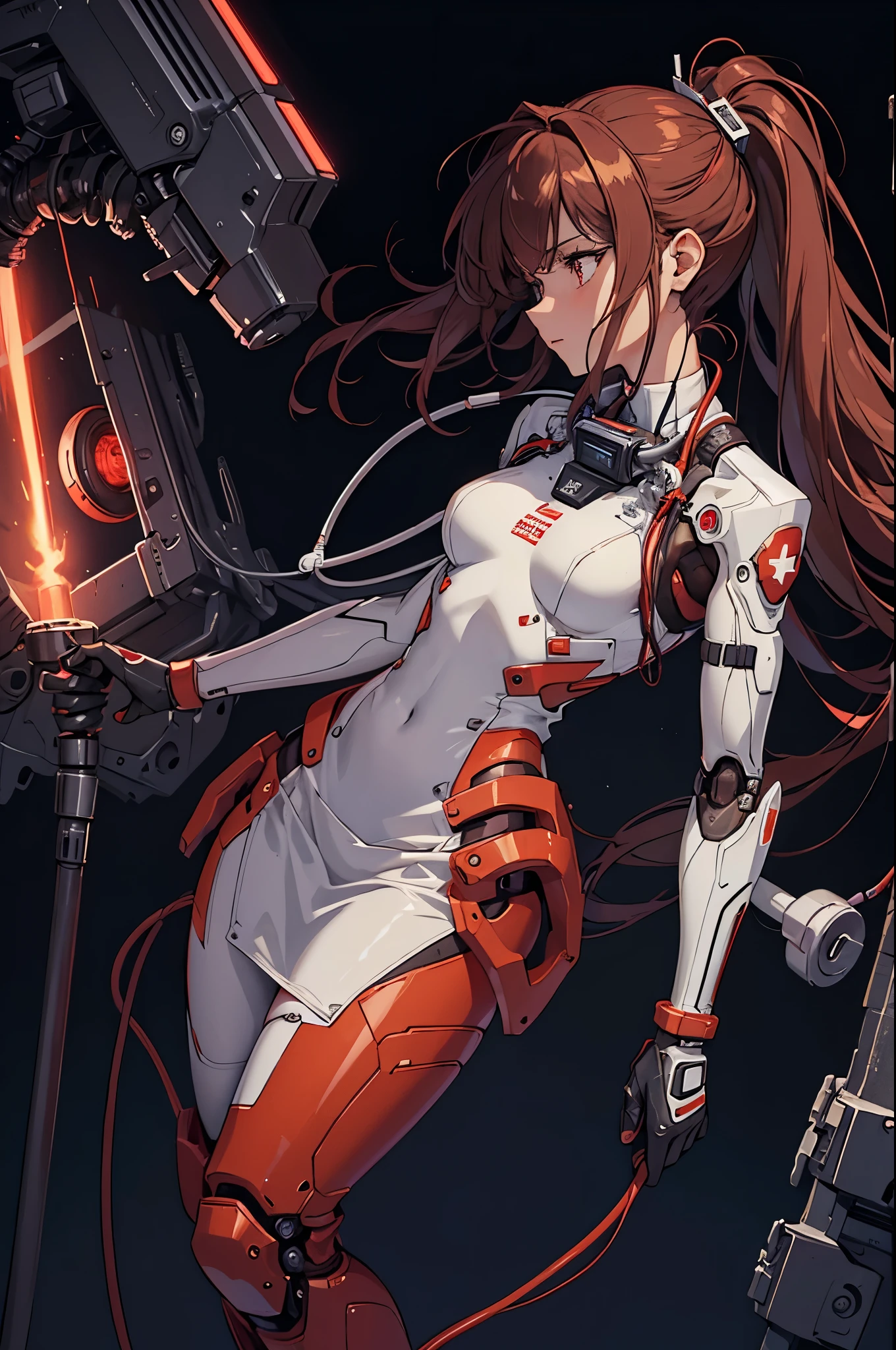 (masterpiece, top quality, best quality, official art, beautiful and aesthetic:1.2), (1 Female Combat Medic), extreme detailed,colorful,highest detailed ((ultra-detailed)), (highly detailed CG Anime illustration), ((an extremely delicate and beautiful)),(from side),cinematic light,((1 mechanical Left Arm)),solo,full body Red + silver outfit,(machine made joints: Left arm),((mechanical Left arm limb)),(mechanical vertebra attaching to back),((mechanical cervial attaching to neck)),(Standing),(wires and cables attaching to neck:1.2),science fiction,black background, ((glowing red wires attached to the left arm)), (((Brown long hair))), ((Stethoscope around the neck.))