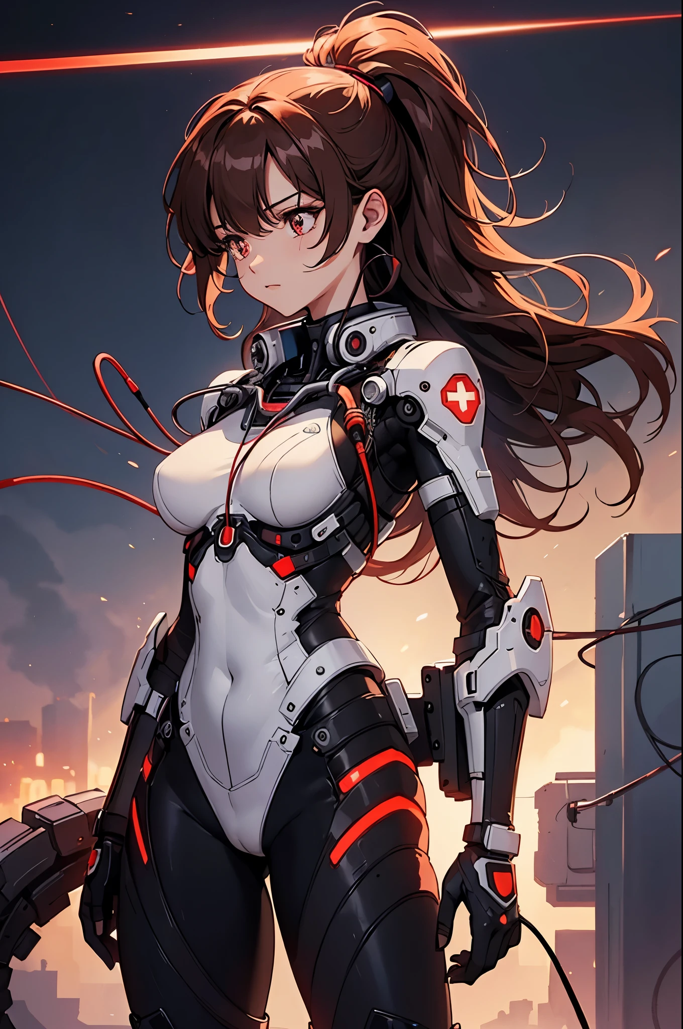 (masterpiece, top quality, best quality, official art, beautiful and aesthetic:1.2), (1 Female Combat Medic), extreme detailed,colorful,highest detailed ((ultra-detailed)), (highly detailed CG Anime illustration), ((an extremely delicate and beautiful)),(from side),cinematic light,((1 mechanical Left Arm)),solo,full body Red + silver outfit,(machine made joints: Left arm),((mechanical Left arm limb)),(mechanical vertebra attaching to back),((mechanical cervial attaching to neck)),(Standing),(wires and cables attaching to neck:1.2),science fiction,black background, ((glowing red wires attached to the left arm)), (((Brown long hair))), ((Stethoscope around the neck.))