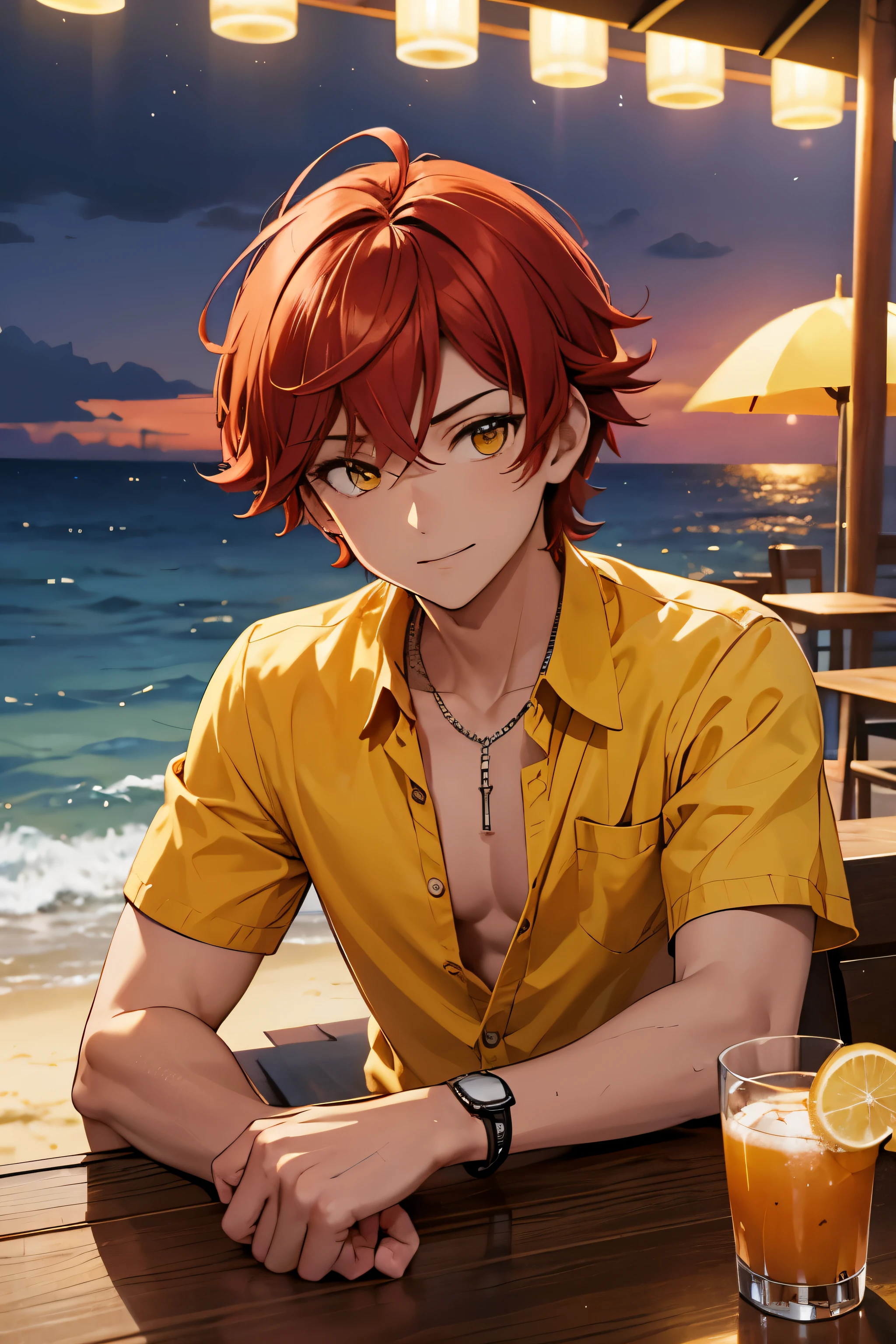 Hombre alto, Hombre con el cabello rizado, Hombre con cabello de color rojo fantasia, Hombre con mirada coqueta, Hombre con sonrisa de lado, Man in swimsuit, Hombre en un bar por la noche, Hombre en la playa por la noche, ropa de playa, con camisa,Hombre con ojos amarillos fantasia, yellow eyes, beach bar, camisa cerrada, al anochecer, beach bar, al anochecer, yellow eyes brillante, camisa cerada,  SHORT DE PLAYA, Cabello ROJO fantasia, Camisa CERRADA, HOMBRE, BAR DE NOCHE, CON COPA DE VINO, BAR DE PLAYA ANOCHECER,Cabello ROJO Fantasia, YELLOW EYES, CAMISA CERRADA, SHORT DE PLAYA,CON UN COCTEL, CABELLO ROJO, CABELLO ROJO, RED HAIR, BRIGHT RED HAIR, BRIGHT RED HAIR, SONRISA DE LADO, SONRISA COQUETA, OJOS AMARILLOS BRILLANTES, OJOS BRILLANTES,  OJOS AMARILLOS BRILLANTES, OJOS BRILLANTES, BRIGHT YELLOW EYES,BRIGHT EYES, con una cadena en el cuello, BRIGHT YELLOW EYES,BRIGHT EYES.