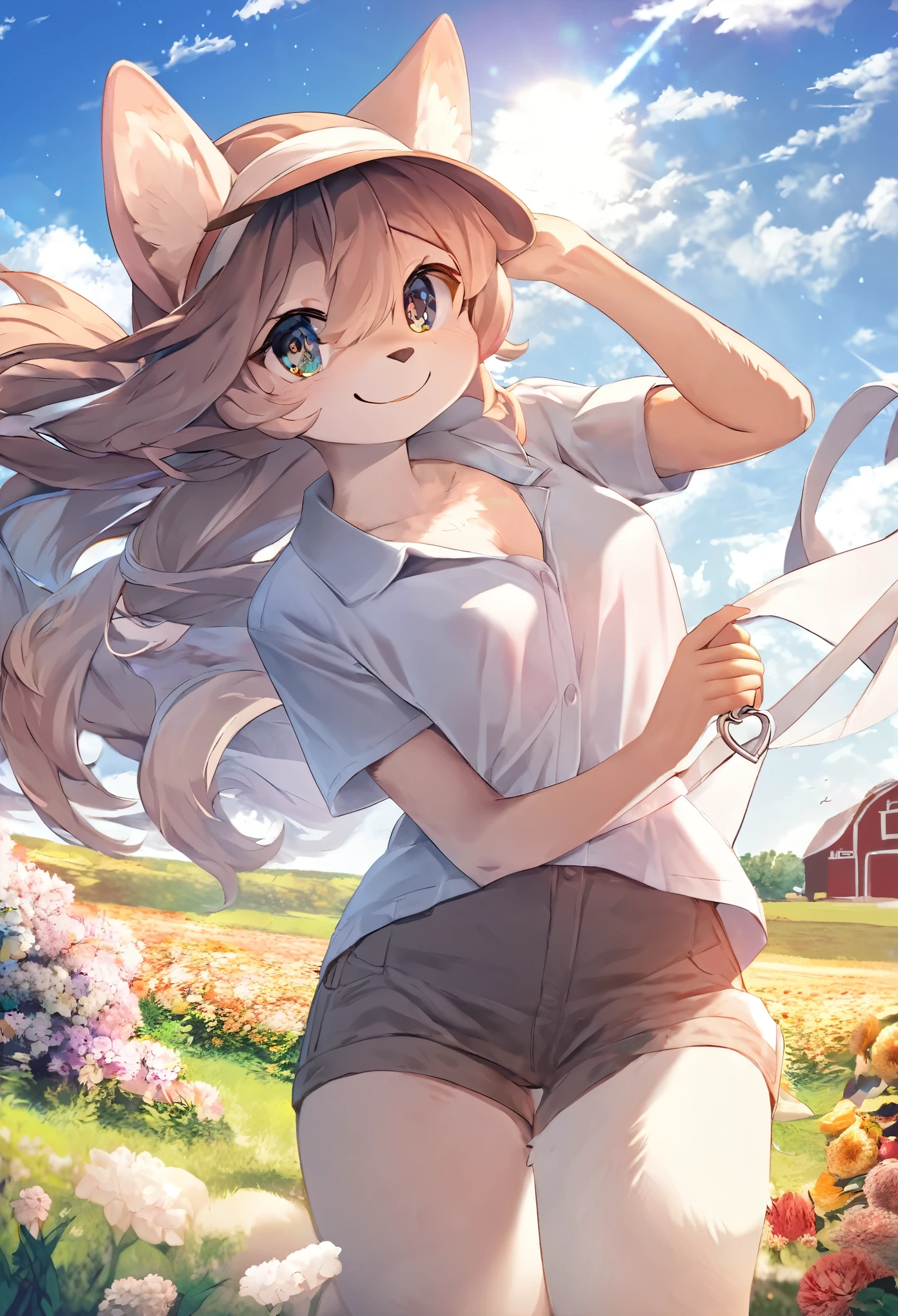 anime key visual, highres, High-quality illustrations, unparalleled masterpiece(movie of life)nature inspired imagery, romanticized views, lively illustrations, whimsical cartoonish, farm, Blue sky, clouds, florals Beautiful garden(furry anthro, solo, girl, casual fashion, Relux pose, Smile)absurdres, perfect anatomy, caustics, cinematic lighting, lens flare, deep shadow, dynamic angle,