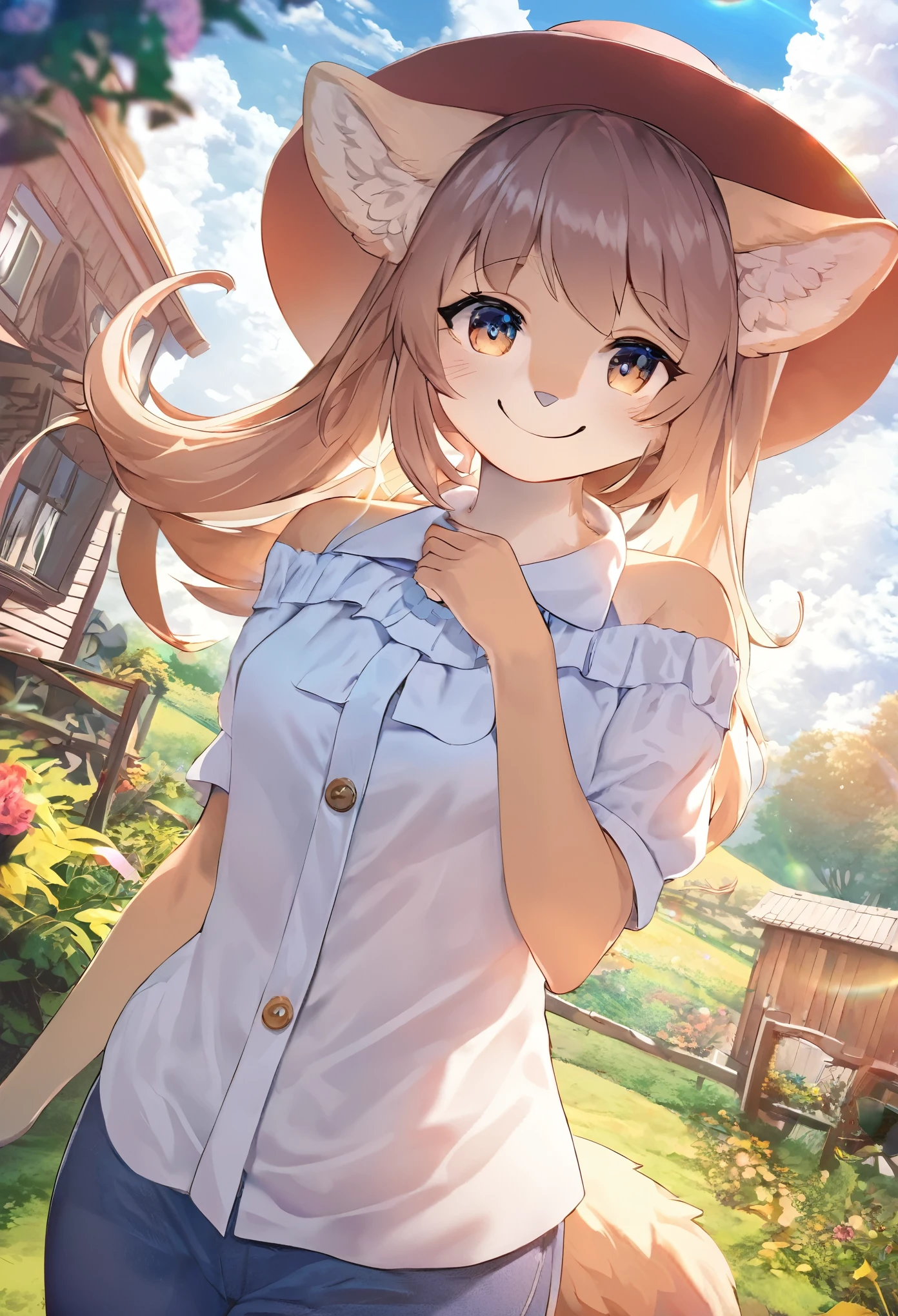 anime key visual, highres, High-quality illustrations, unparalleled masterpiece(movie of life)nature inspired imagery, romanticized views, lively illustrations, whimsical cartoonish, farm, Blue sky, clouds, florals Beautiful garden(furry anthro, solo, girl, casual fashion, Relux pose, Smile)absurdres, perfect anatomy, caustics, cinematic lighting, lens flare, deep shadow, dynamic angle,