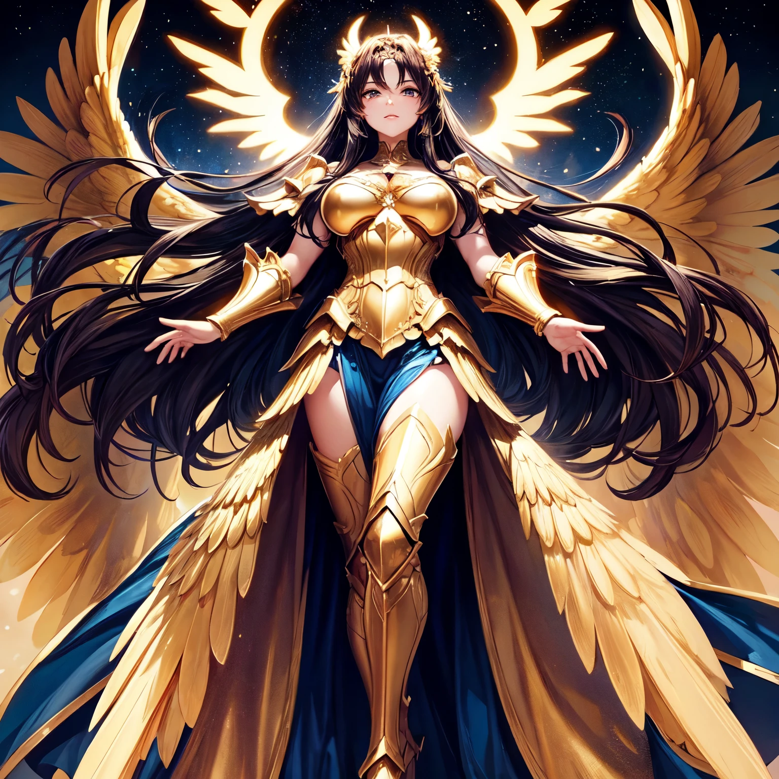 best quality, extremely beautiful, beautiful face, angel woman, two huge golden wing, revealing armor with open front skirt, very long dark hair