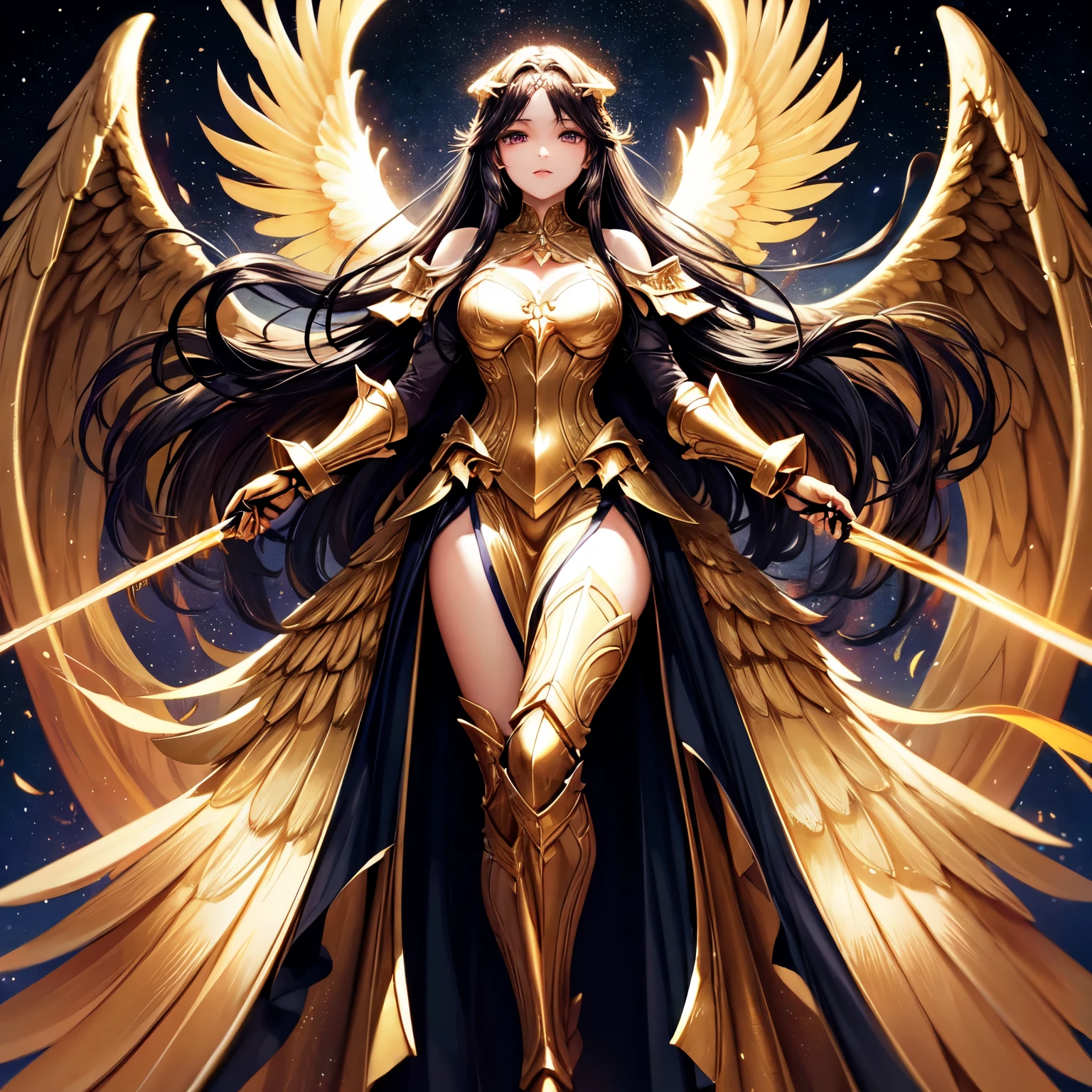 best quality, extremely beautiful, beautiful face, angel woman, two huge golden wing, revealing armor with open front skirt, very long dark hair