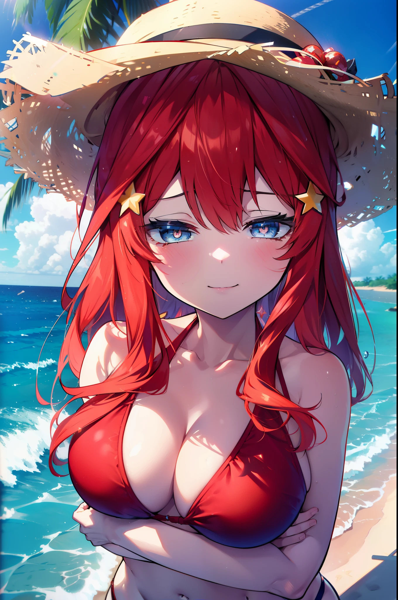 itsukinakano, itsuki nakano, bangs, blue eyes, hair between eyes, Ahoge, redhead, star \(symbol\), hair ornaments, star hair ornaments,big breasts,Smile, smile, open your mouth,big straw hat, Red Bikini Swimsuit,bare belly,Red long sarong swimsuit,barefoot, beach outfit,true summer,Palm tree,
break outdoors, beach,
break looking at viewer,whole body, (cowboy shot:1.5),
break (masterpiece:1.2), highest quality, High resolution, unity 8k wallpaper, (figure:0.8), (detailed and beautiful eyes:1.6), highly detailed face, perfect lighting, Very detailed CG, (perfect hands, perfect anatomy),