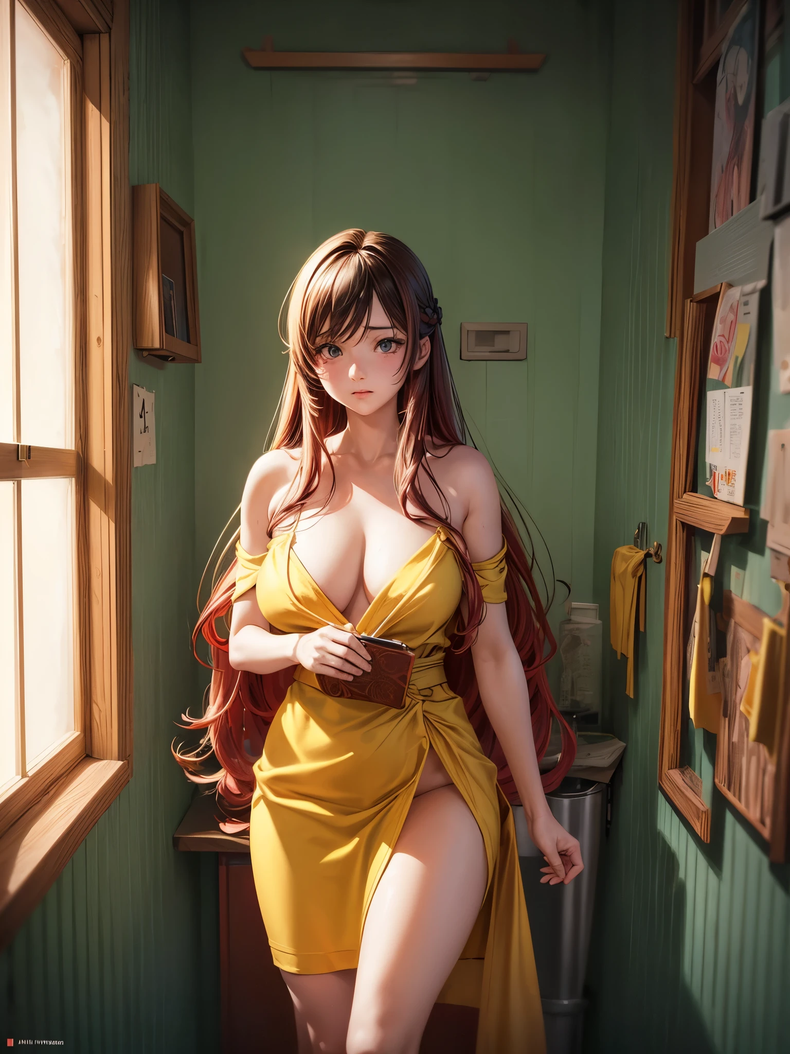 Anime girl , 1girl , long hair, showing clevage, clutched in deep yellow towel, wide angle in a red vintage bathroom, perfect anatomy, illustrative, painterly, detailed, pen and ink, perfect composition, beautiful detailed intricate insanely detailed octane render trending on artstation, , soft natural