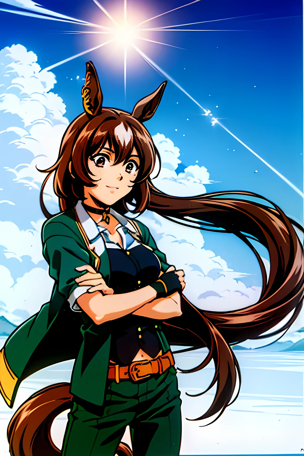(highest quality:1.3),(ultra-be familiar with:1.5),High resolution,extremely be familiar with CG,unity 8k wallpaper,official art,be familiar with,super be familiar with skin,perfect anatomy,beautiful be familiar with eyes,(anime screenshot:1.11),very delicate and beautiful,(90s anime,90s anime style,cel shaded anime:1.17),1 girl,alone,anmnr,
((sirius symboli:1.52)),(horse ears, horse tail,green jacket, collared shirt, fingerless gloves, green pants, choker, belt:1.7),I furrowed my brow.,
(shining eyes),blends well with the eye,blends well with the eye,focus of the eye,(Carefully crafted brilliance, sky blue lens flare:1.7),(expression of joy:1.51),octane rendering,rain弓 paint drop,Woman made of paint,Full Paint,(movie background),splat,splash,dark and blurry background,close,(best writing, very delicate and beautiful),Detailed beautiful shine,(soft light:1.2),(soft money tone lighting),Warm and soft lighting,dramatic light,((cinematic light)),ambient occlusion,ambient light,violently,powerful,Absolutely eye-catching splashes of color,((caustic)),raytraced reflections,light shines,waiting for happiness to begin,smile,(stand in an open stance:1.1), (crossed arms:1.1),