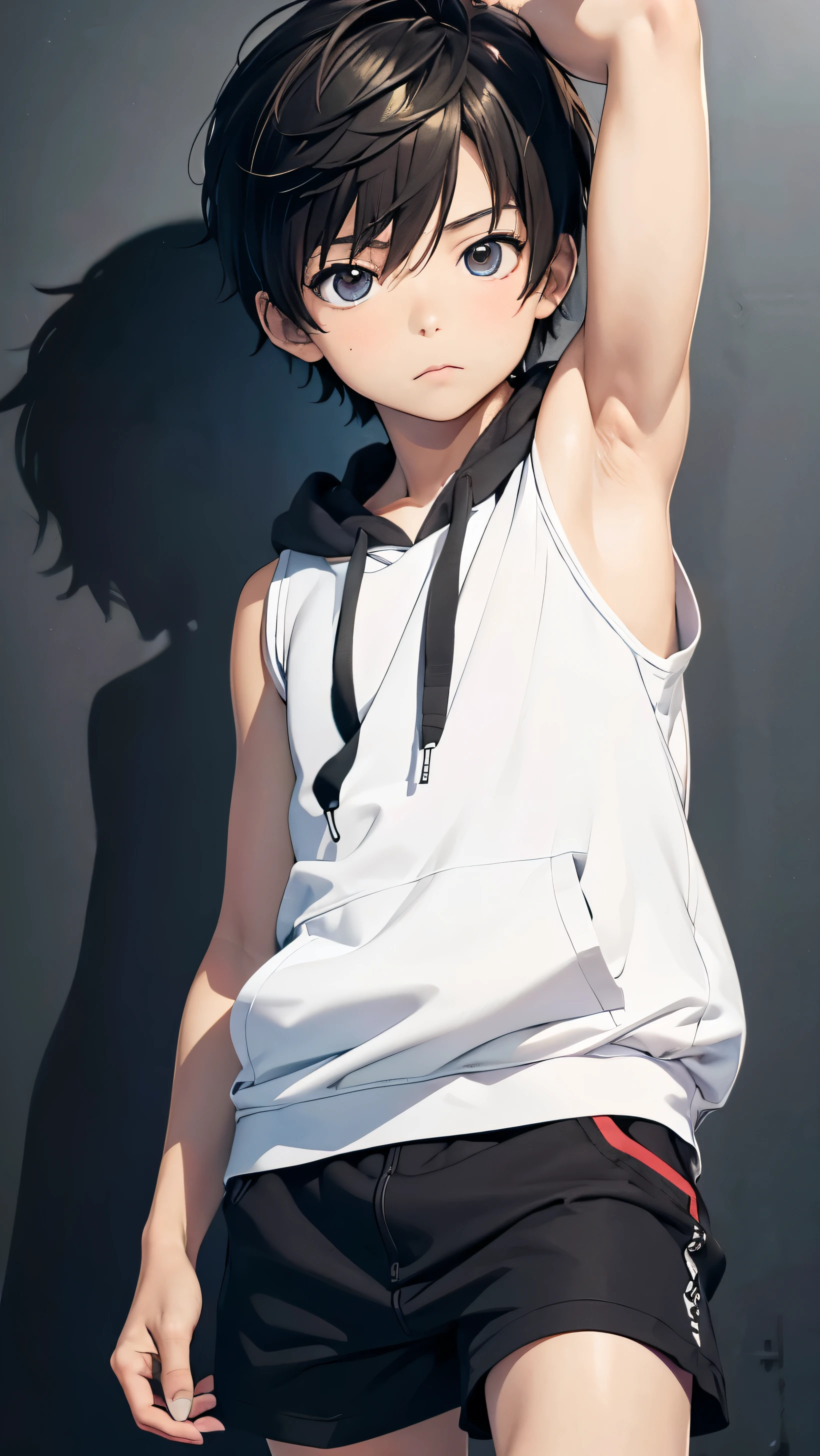 highres,Masterpiece, Best quality at best,Best Quality,hight quality, hight detailed, realistic, photorealistic, Anime style, 1boy, , Shota, Simple beckground, Adorable boy, Cute boy, Cheerful boy, Sleeveless hoodie, Shorts, (showing armpit, Smooth armpit), boy focus, Uhd, 4k