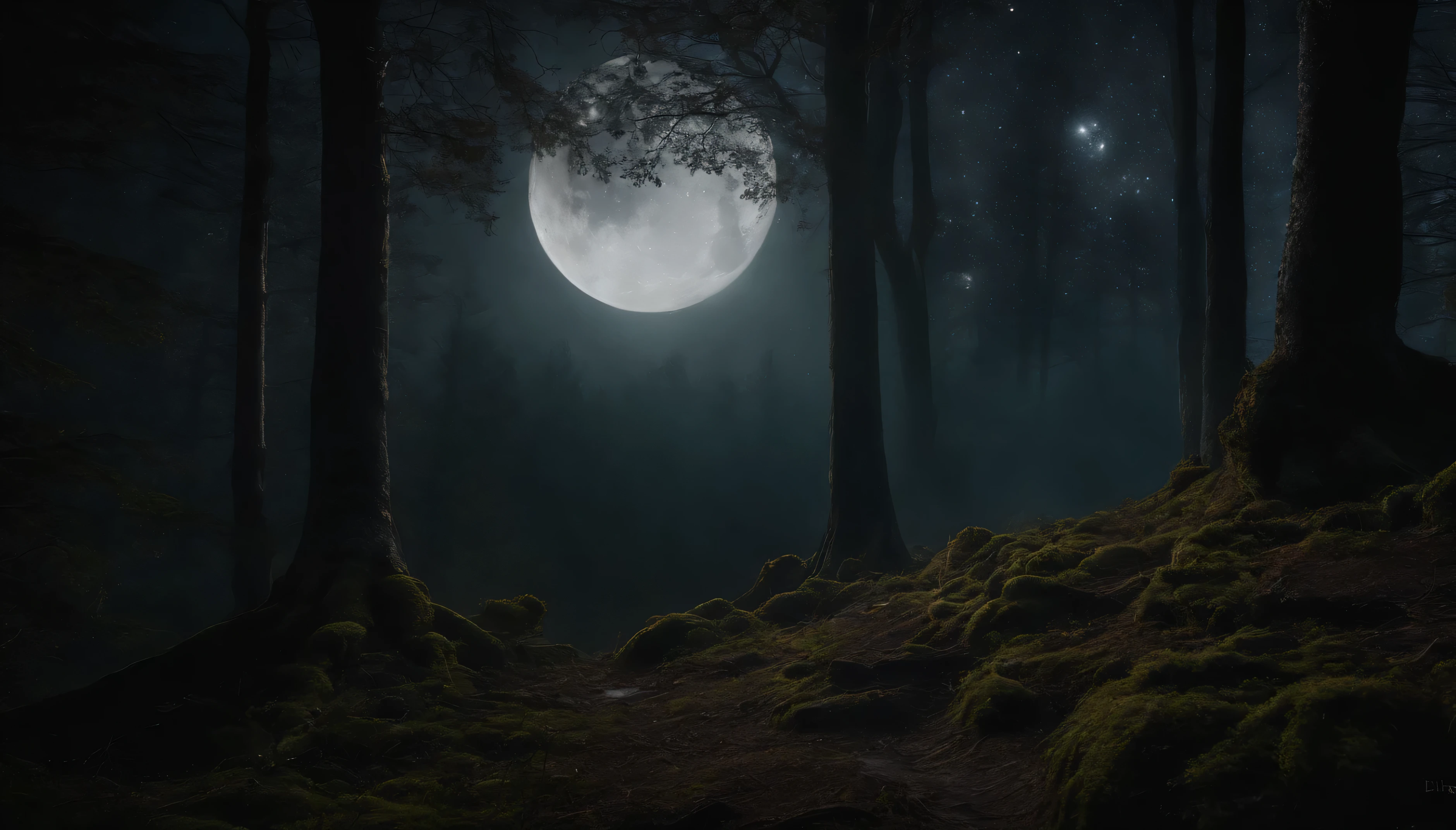 (Magia negra:1.2), (Grim:1.1) Clareira na floresta inicio do anoitecer, A full moon in the center of the starry sky, arvores robustas ao redor da clareira, muitos vagalumes, light mist, fantasia, conto de fadas, (detalhes intrincados), (ultra-detalhado), 8k hdr, alto detalhe, Muitos detalhes, alta qualidade,Efeito Dingdall (colori:1.3)