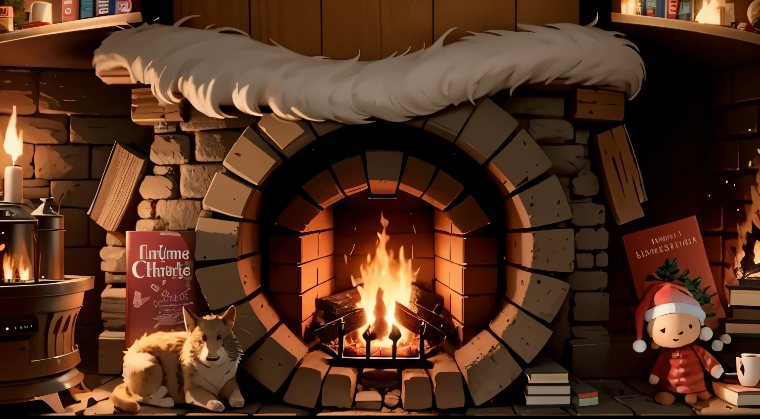 fireplace with christmas decorations and books on it in a room, irori fireplace, warm fireplace, fire place roaring, cosy fireplace, in fantasy tavern near fireplace, fireplace, in front of a fireplace, immensely detailed scene, hyper detailed scene, campfire background, highly detailed scene, rendered in the unreal engine, roaring fire, close up camera on bonfire level, rendered in unrealengine