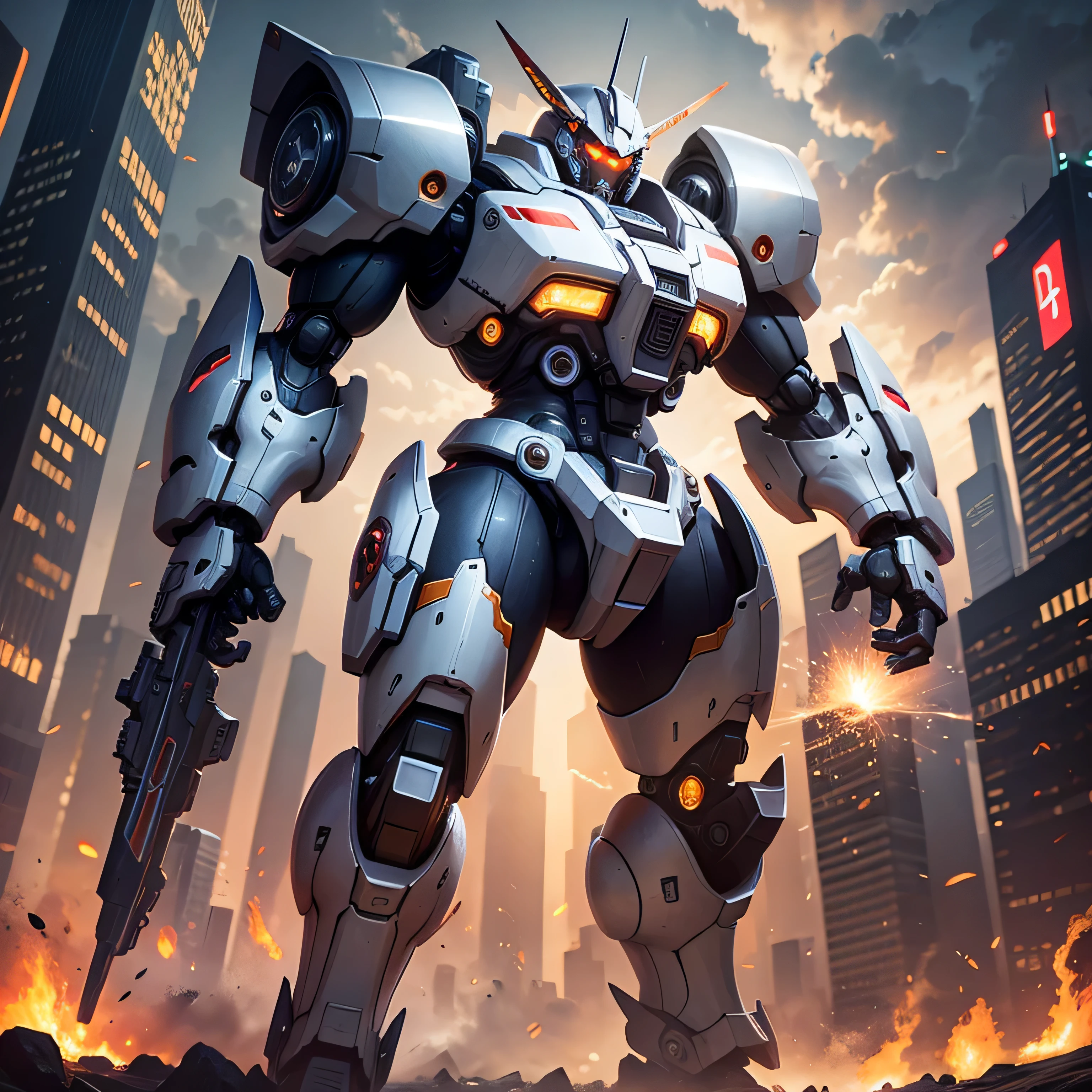 (Solo exhibition: 1.4), A (((Mecha))) with stylish and threatening design, glowing eyes, full body, highly detailed, high detail background, battle, planet, hover, giant shield, shoulder armor, mechanical tailgate, science fiction with Tokyo Tower in the background, concept art, space art,  