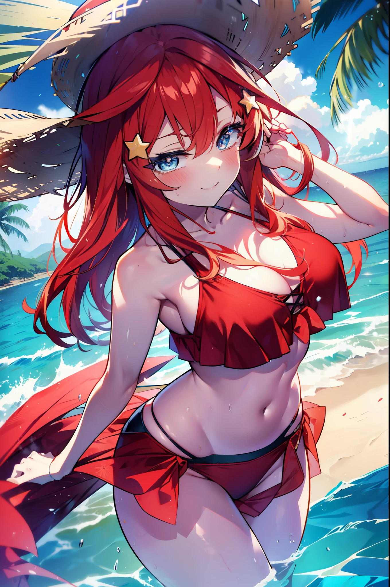 itsukinakano, itsuki nakano, bangs, blue eyes, hair between eyes, Ahoge, redhead, star \(symbol\), hair ornaments, star hair ornaments,big breasts,Smile, smile, open your mouth,big straw hat, Red Bikini Swimsuit,bare belly,Red long sarong swimsuit,barefoot, beach outfit,true summer,Palm tree,
break outdoors, beach,
break looking at viewer,whole body, (cowboy shot:1.5),
break (masterpiece:1.2), highest quality, High resolution, unity 8k wallpaper, (figure:0.8), (detailed and beautiful eyes:1.6), highly detailed face, perfect lighting, Very detailed CG, (perfect hands, perfect anatomy),
