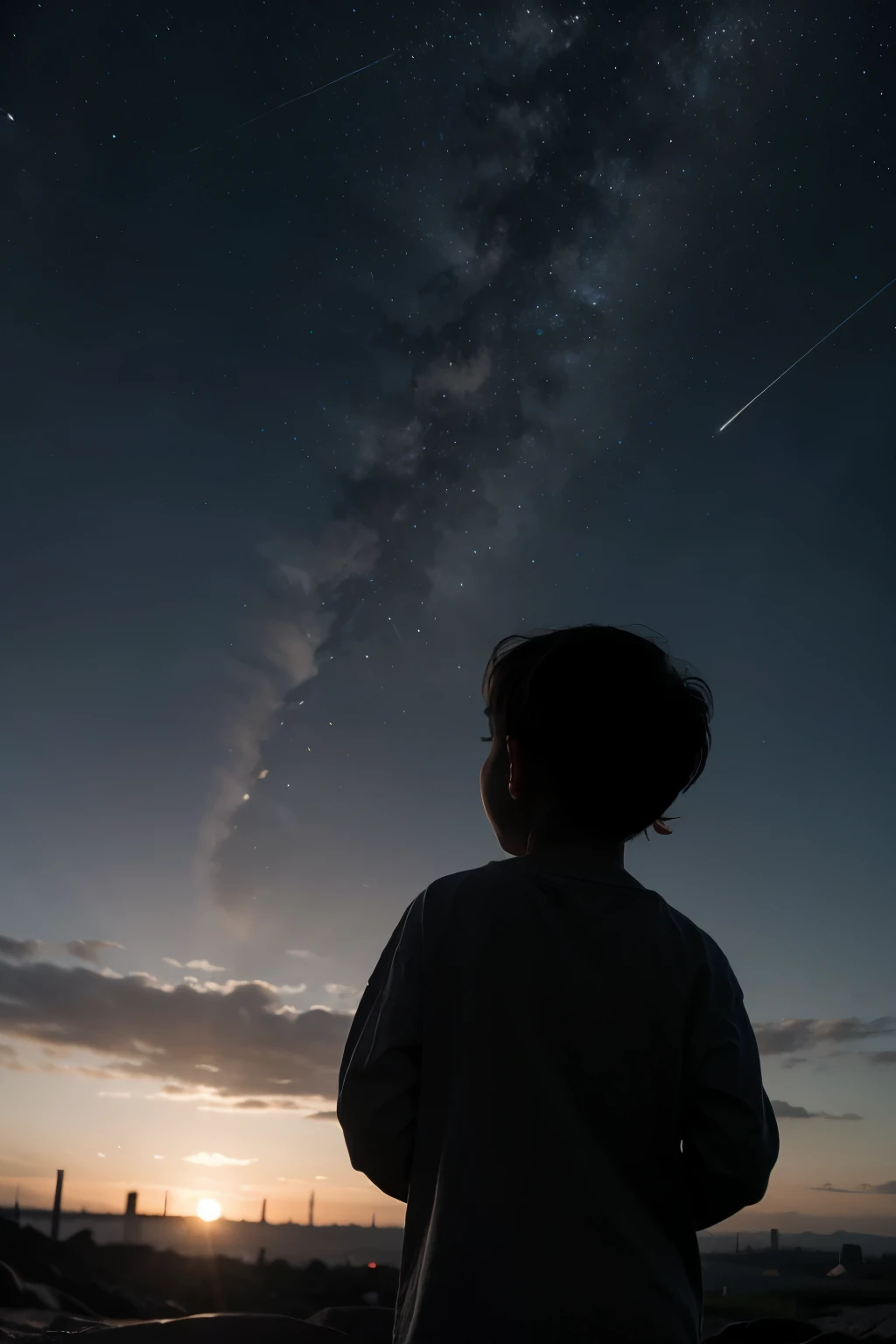 silhouette d'un petit enfant de dos qui regarde les étoiles au milieu des ruines
un petit garçon de dos
plus jeunes petit enfant. plus sombre juste sa silhouette un seul enfant
