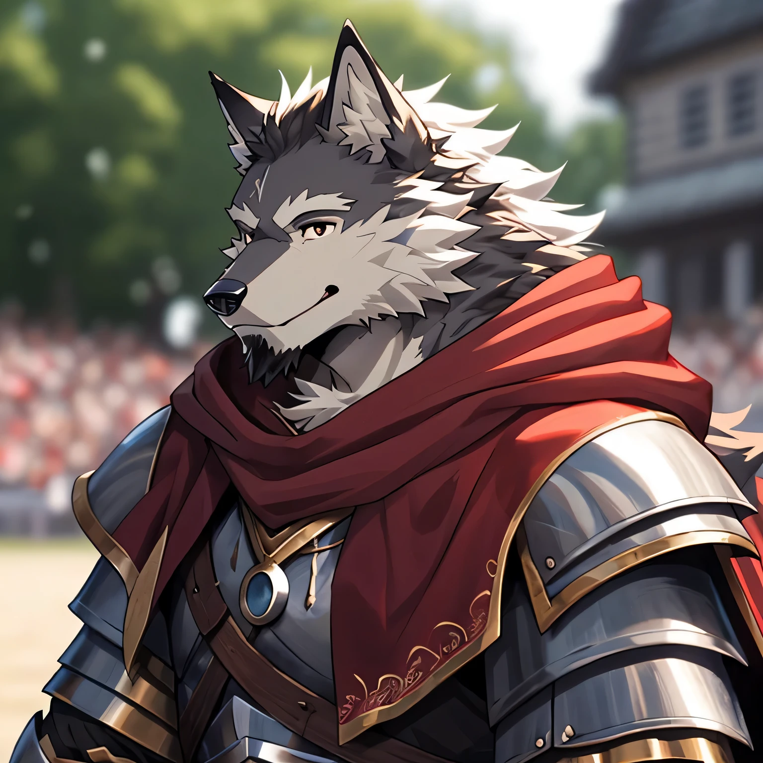 A scene from a movie, depth of field, motion blur, Ridiculous, looking at the audience, (best quality), (masterpiece), (Super detailed), sharp focus, Negi, eyes, black eyes, hairy, alone, light white fur, brown fur, black beard, very close to face, Profile picture, blink, Smile, Humanity (Wolf), male, (Wolf), middle aged, muscular, knight clothing, red cherry long cloak, Super detailed face