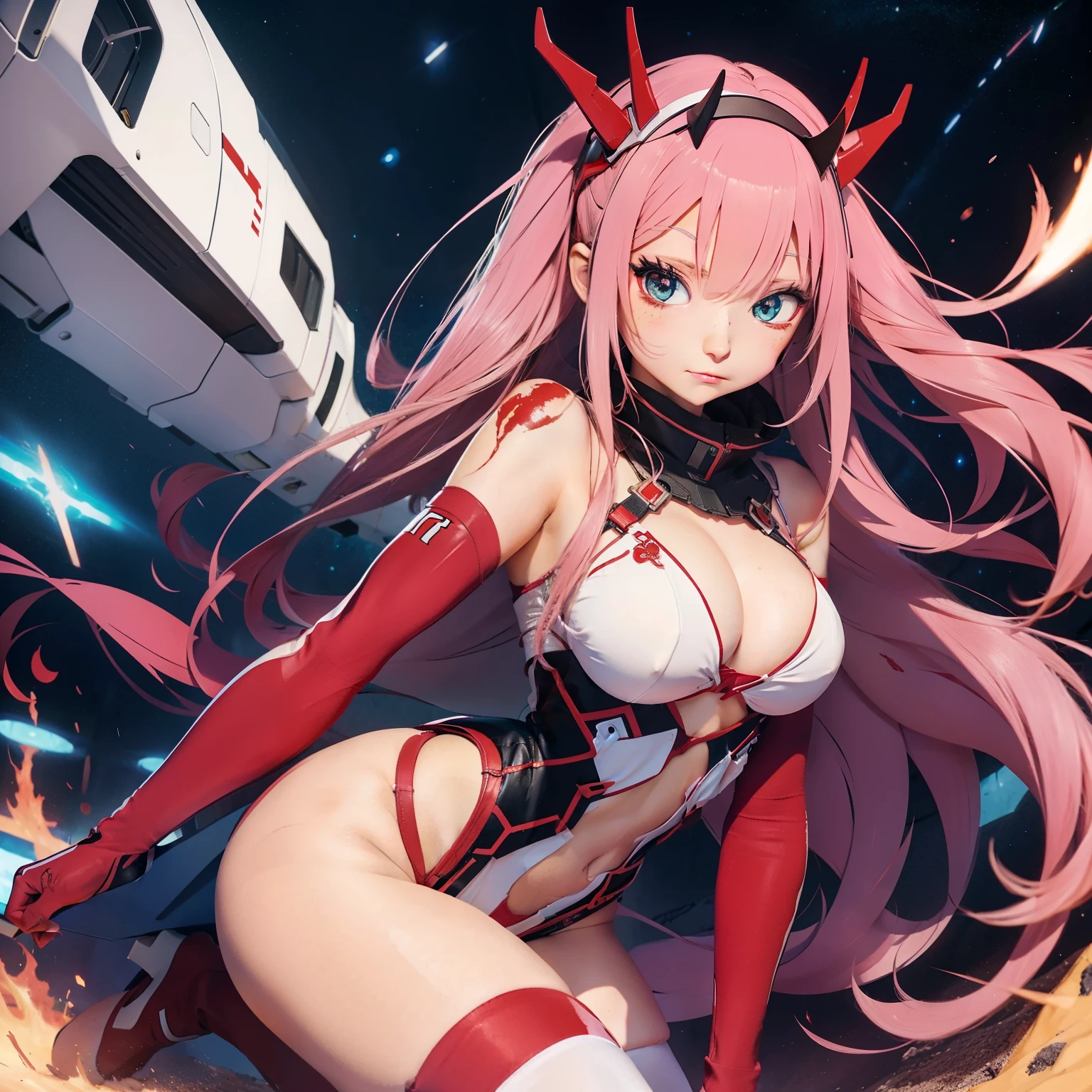 Masterpiece, top quality, sexy, best quality, official art, beautiful and aesthetic, anime, 1girl, Zero Two, extremely detailed, colorful, more detailed ((ultra-detailed)), (highly detailed CG illustration), solo, pink hair, pair of horns, verd s eyes, long hair, (focus on character), pilot outfit, red bodysuit with white details, science fiction, blood
