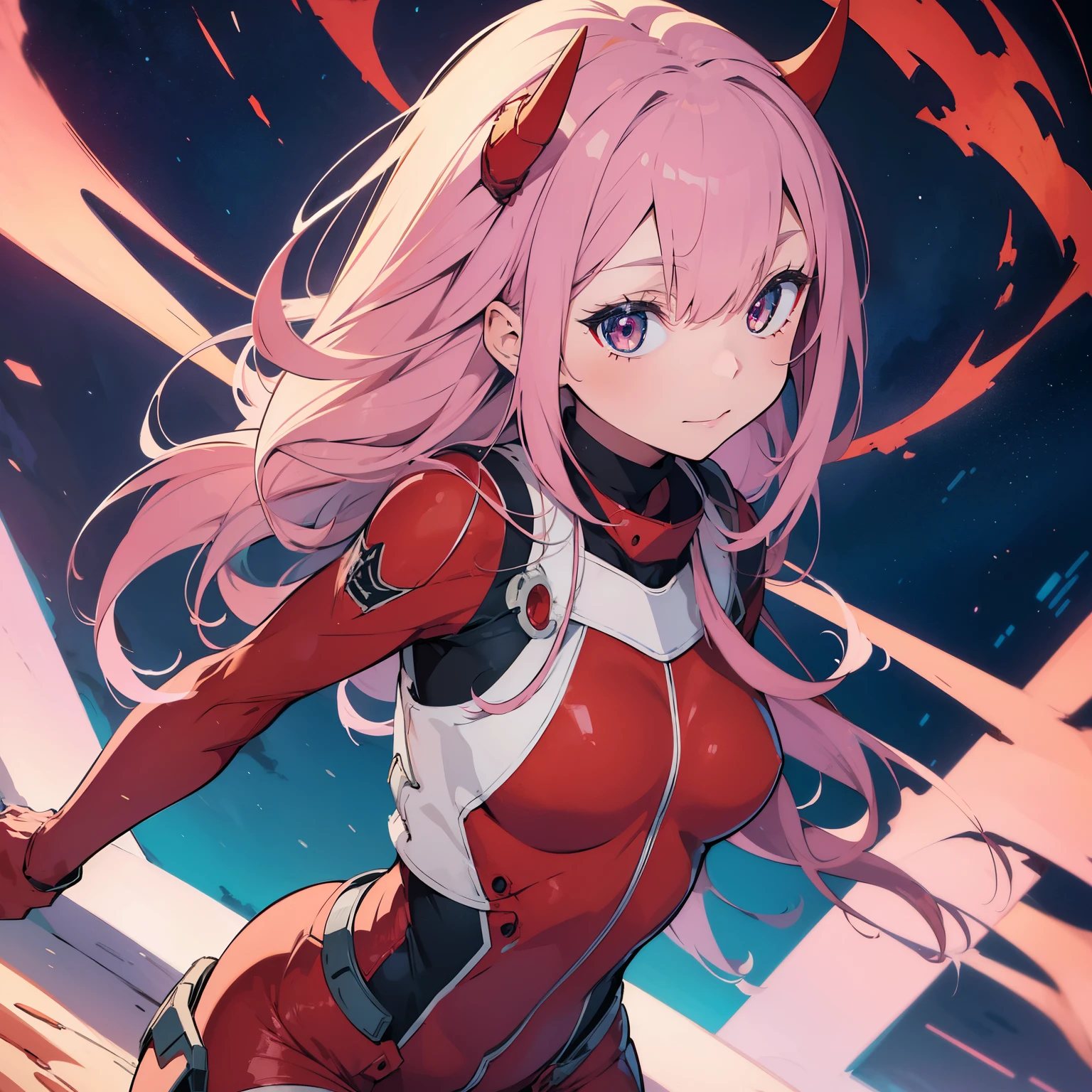 Masterpiece, top quality, best quality, official art, beautiful and aesthetic, anime, 1girl, Zero Two, extremely detailed, colorful, more detailed ((ultra-detailed)), (highly detailed CG illustration), solo, pink hair, pair of horns, verd s eyes, long hair, (focus on character), pilot outfit, red bodysuit with white details, science fiction, blood