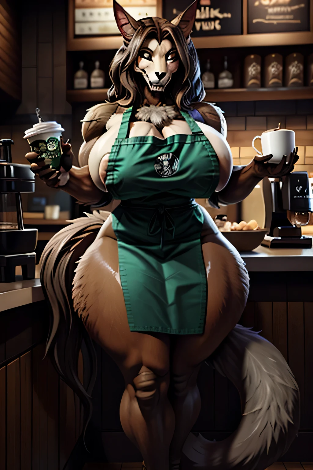 uploaded on e621, explicit content, (cutesexyrobutts,cervina_7, sana!rpg, sligarthetiger), (furry, anthro:1.2), hourglass figure, female, cute, solo,MalO, Starbuck, casher, barista, Starbucks apron, large breasts, natural breasts, tail, tall, happy expresion, lactating, NSFW