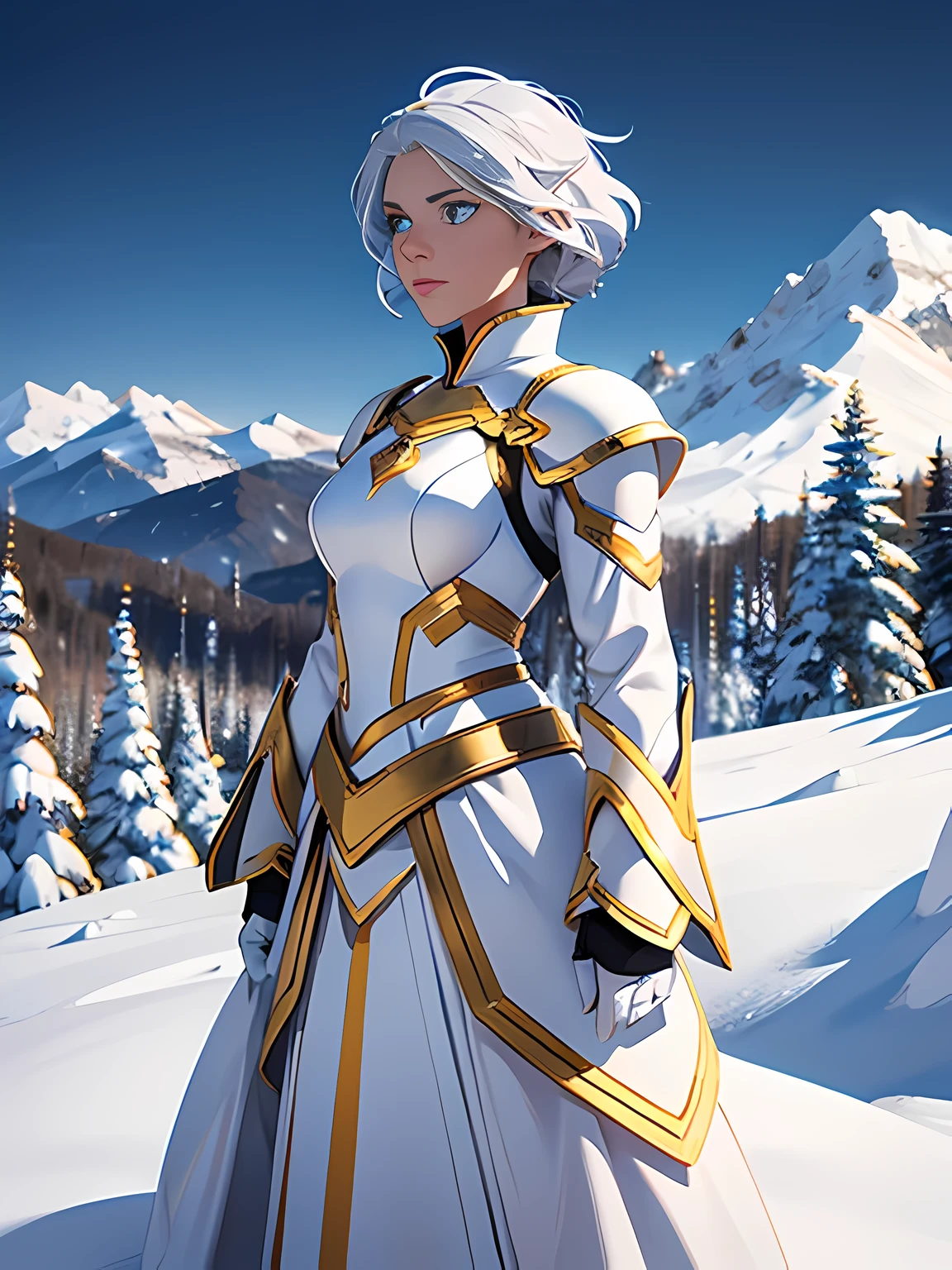 In the distance: A woman in a white with gold armor, Her eyes are glowing white and her silver hair is short but curling, She is standing on a mountain top, As she looks over the forests down the mountain side.