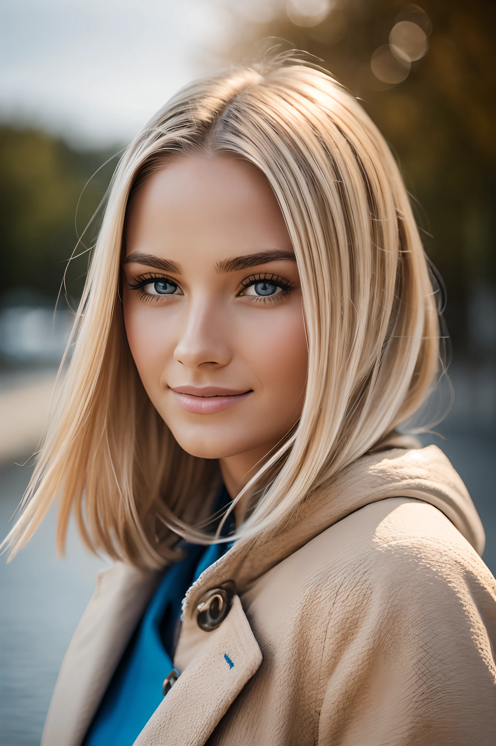 Hyper-realistic and detailed shot of a blonde woman .souriante de 25 ans portant un long manteau et une mini jupe. outside. Le soleil brille. Des yeux parfaits, (maquillage des yeux:1.1), (seins parfaits), (Highly detailed skin:1.1), ......RAW, style analogique, mise au point nette, 8K UHD, DSLR, High quality, Fujifilm XT3, grain, award winning, Masterpiece, Objectif 50mm, corps entier