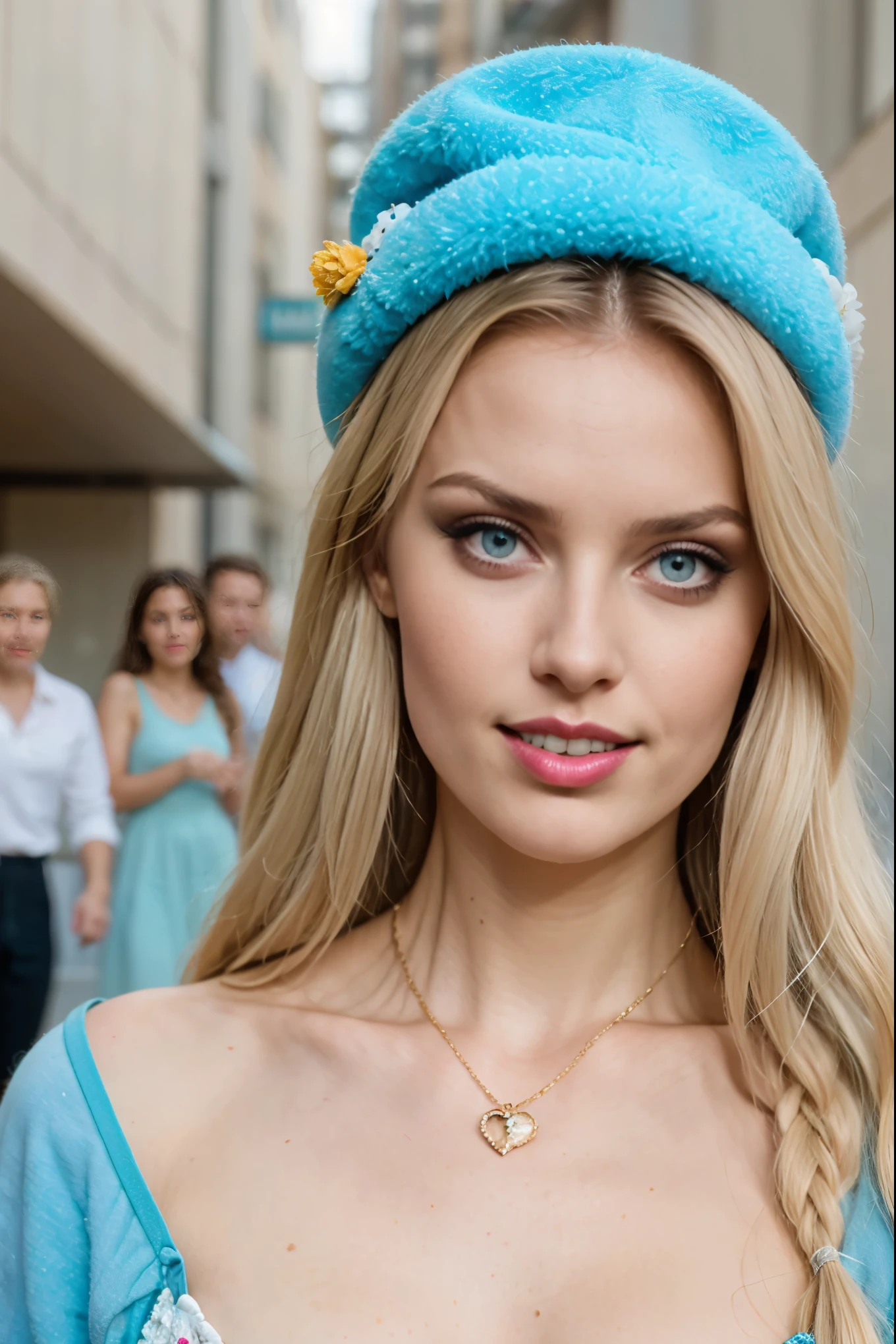 NSFW (detailed), perfect face, realistic photo of beautiful woman, blue eyes, piercing eyes, long hair, blond hair, wearing detailed necklace, Polish, influencer, light freckles, big lips, wearing detailed diamond bracelet, wearing detailed branded watch, wearing detailed diamond ring, Instagram, sharp photo, perfect body, model looking, realistic photo of a woman, golden, blond hair color, perfect detailed hands, perfect detailed fingers, ((best quality)), ((masterpiece)) (smile:1.2) light blue eyes, incredible blue eyes, detailed, photographer_\( ultra\ Generate a hyperrealistic, intricately detailed image of iamsophia, embodying the joy and festivity of an Easter parade. iamsophia is in the heart of the parade, riding on a beautifully decorated float that is adorned with spring flowers, ribbons, and Easter motifs. Her perfect, detailed figure is clad in a vibrant, wide-brimmed hat adorned with flowers and ribbons, capturing the festive spirit of the occasion. Her golden blond hair is styled elegantly beneath her hat, and her piercing sky-blue eyes sparkle with excitement and happiness as she waves to the crowd. The parade scene around her is alive with color and movement—bands playing joyful tunes, children waving, and the streets lined with spectators in their Easter best. The image captures the essence of community celebration, with every detail from the intricate decorations on the float to the lively expressions of the parade participants rendered in stunning realism, creating a photorealistic snapshot of Easter joy and springtime festivity.
