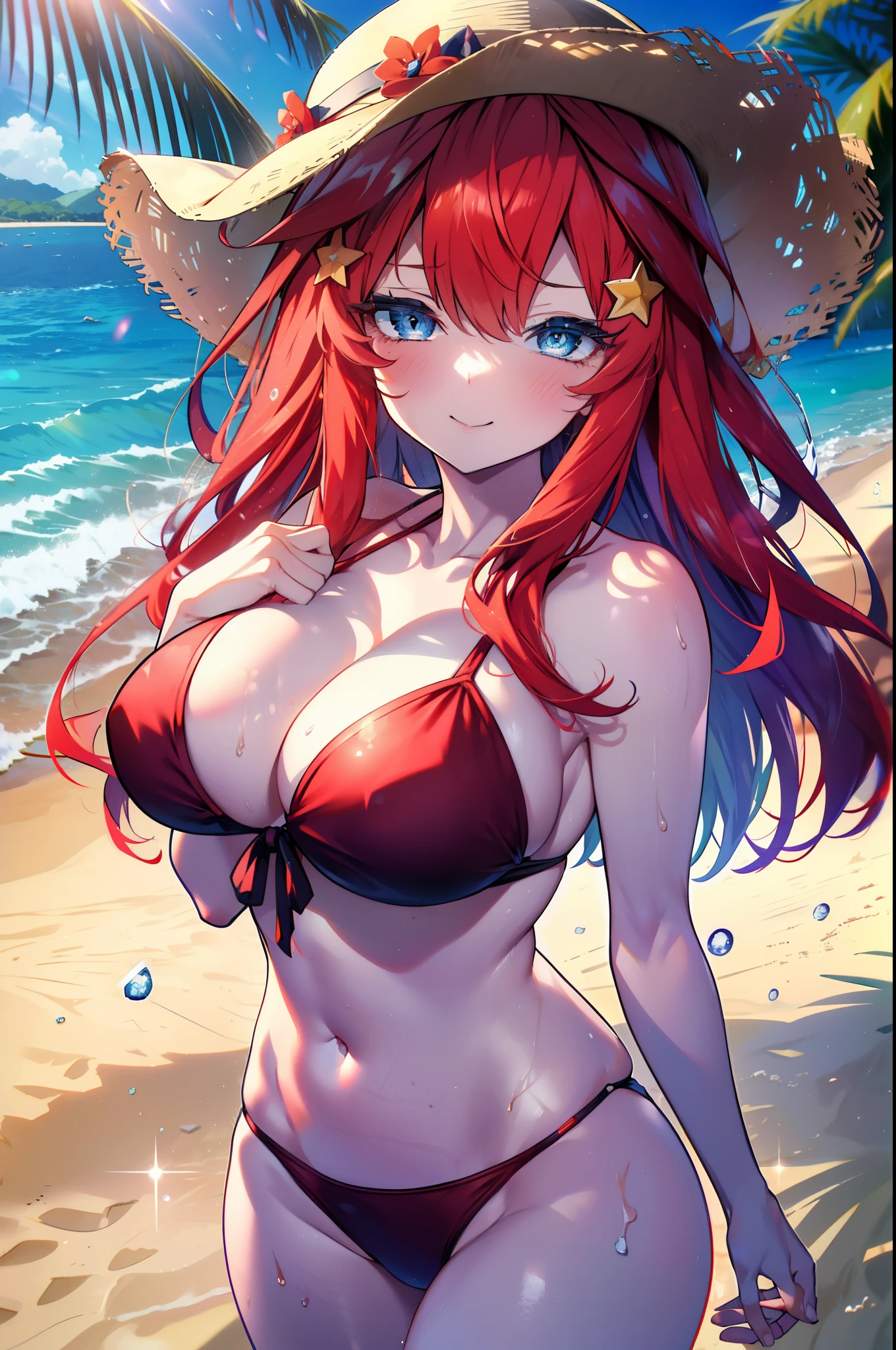 itsukinakano, itsuki nakano, bangs, blue eyes, hair between eyes, Ahoge, redhead, star \(symbol\), hair ornaments, star hair ornaments,big breasts,Smile, smile, open your mouth,big straw hat, Red Bikini Swimsuit,bare belly,Red long sarong swimsuit,barefoot, beach outfit,true summer,Palm tree,
break outdoors, beach,
break looking at viewer,whole body, (cowboy shot:1.5),
break (masterpiece:1.2), highest quality, High resolution, unity 8k wallpaper, (figure:0.8), (detailed and beautiful eyes:1.6), highly detailed face, perfect lighting, Very detailed CG, (perfect hands, perfect anatomy),
