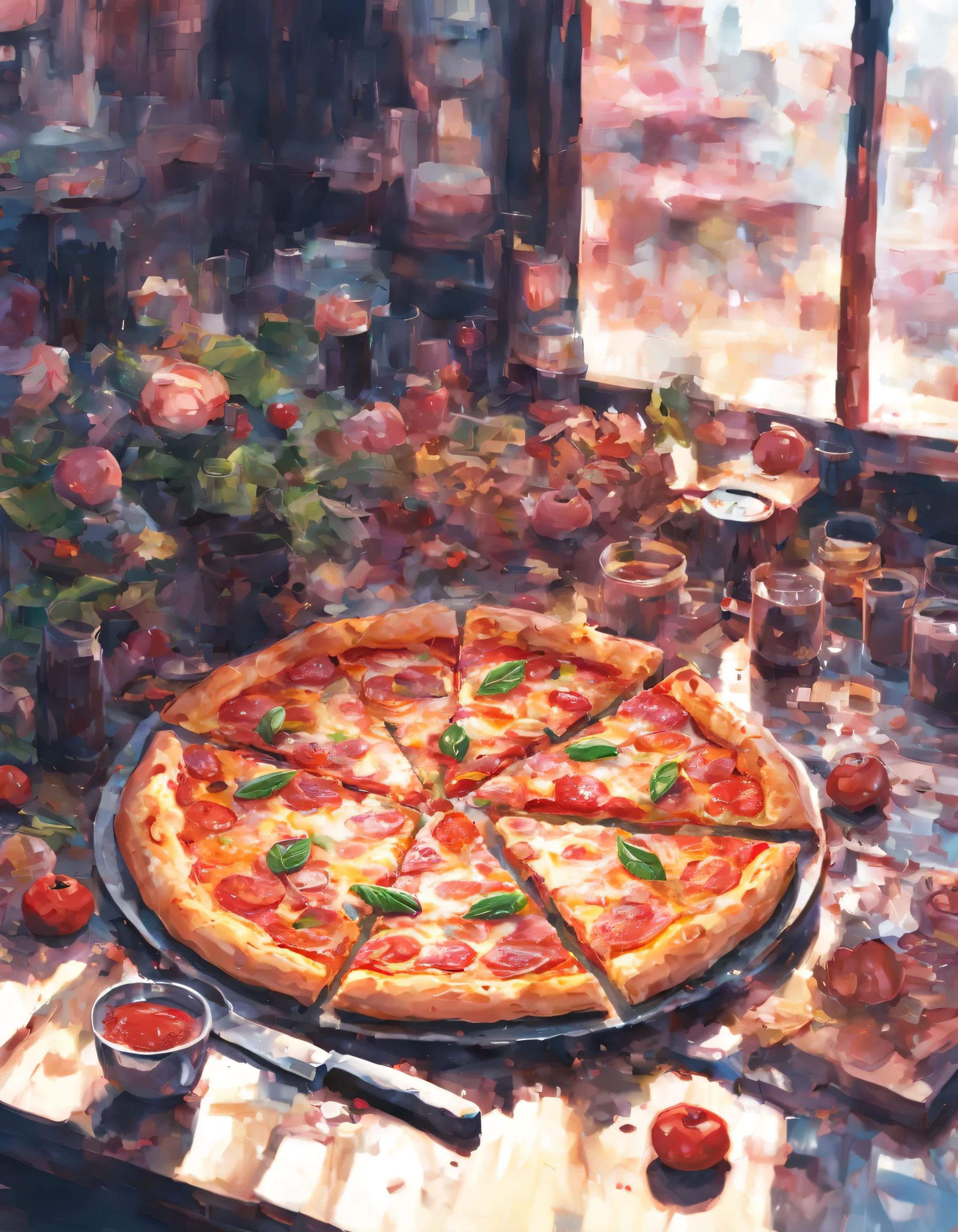 a closeup of a pizza on a table , luisap,anime,glitch   