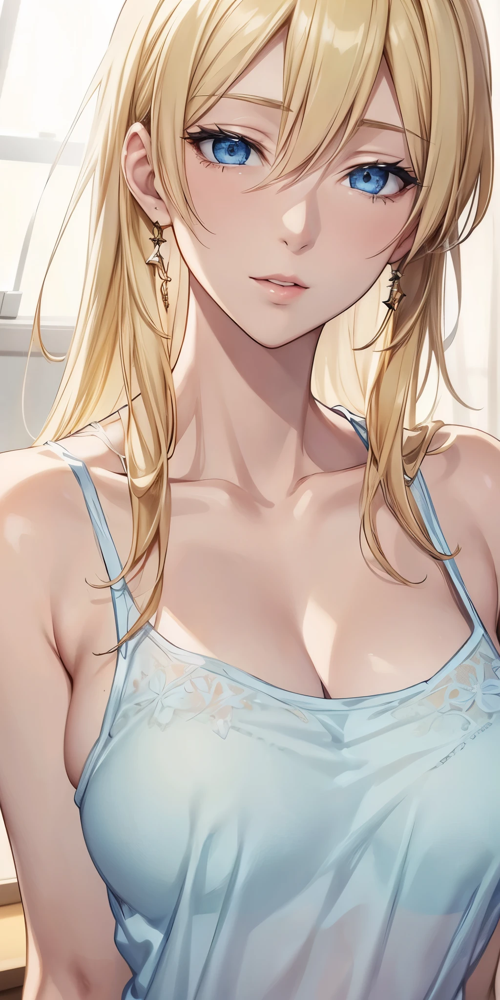 portrait, anime cg, blue eyes, blonde hair, transparent camisole, see through nipple, 4k resolution, high quality cg, beautiful cg, soft light