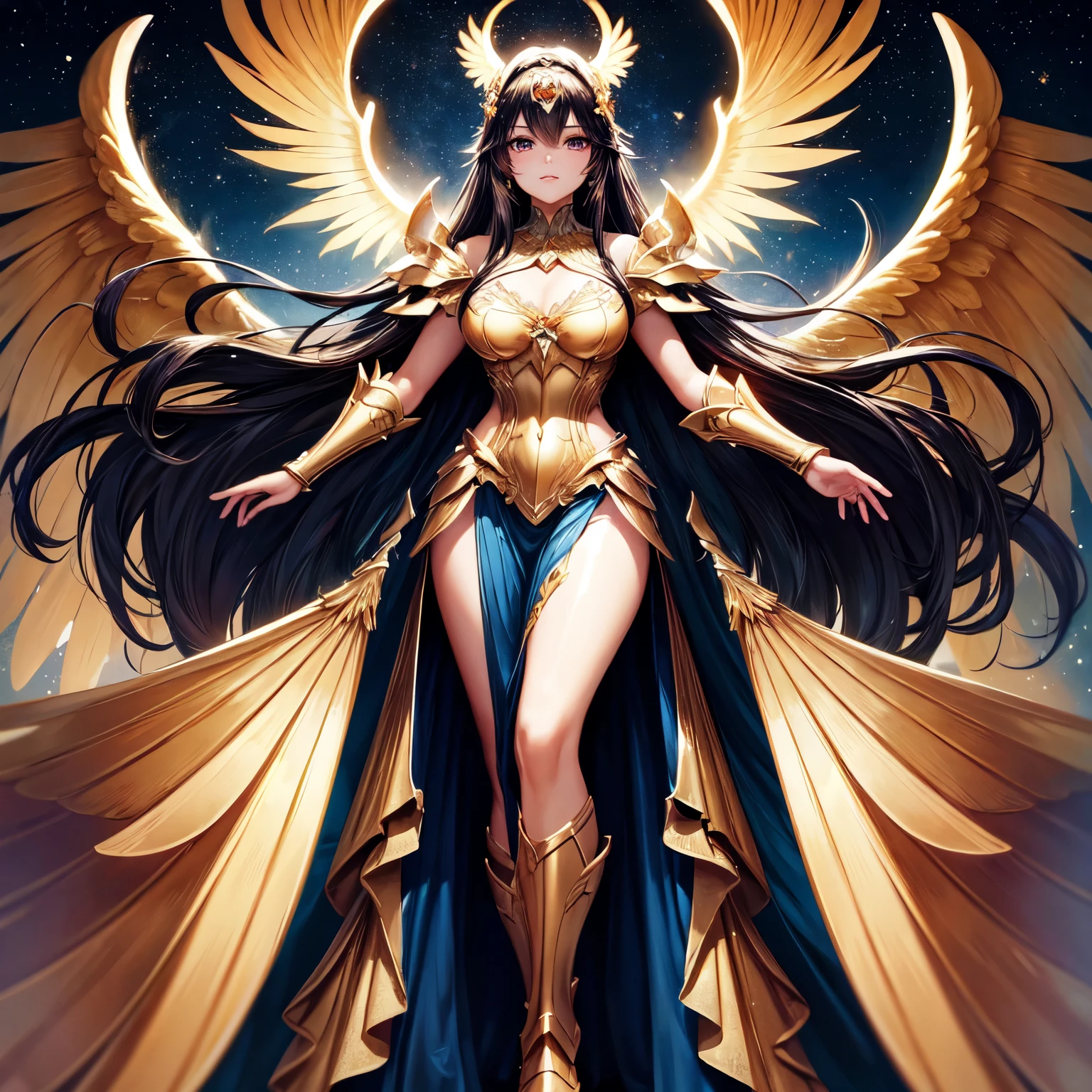 best quality, extremely beautiful, beautiful face, angel woman, two huge golden wing, revealing armor with open front skirt, very long dark hair