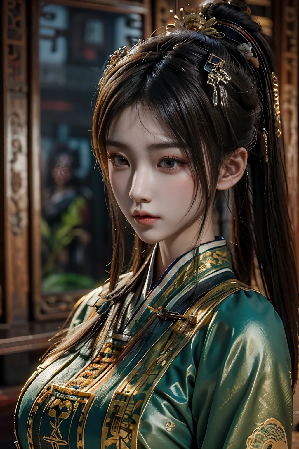 Game art,The best picture quality,Highest resolution,8K,(A bust photograph),(Portrait),(Head close-up),(Rule of thirds),Unreal Engine 5 rendering works, (The Girl of the Future),(Female Warrior),
20-year-old girl,(The generals of ancient China),An eye rich in detail,(Big breasts),Elegant and noble,indifferent,brave,
(Wearing ancient Chinese cloth,Chinese Hanfu,Costumes of the Tang Dynasty,Costumes are rich in detail,Simple shades),Chinese characters,fantasy style,
photo poses,wild background,Movie lights,Ray tracing,Game CG,((3D Unreal Engine)),OC rendering reflection pattern
