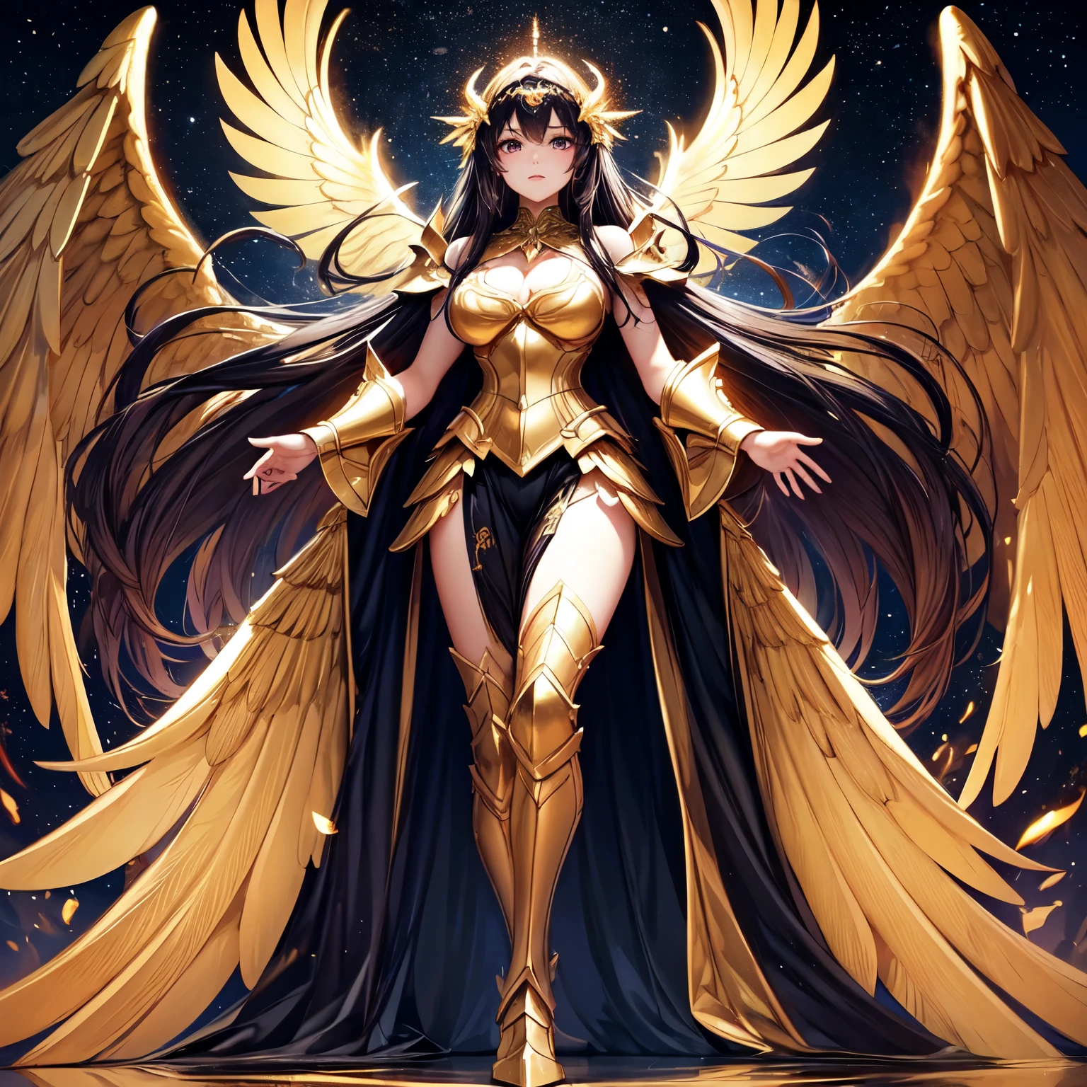 best quality, extremely beautiful, beautiful face, angel woman, two huge golden wing, revealing armor with open front skirt, very long dark hair