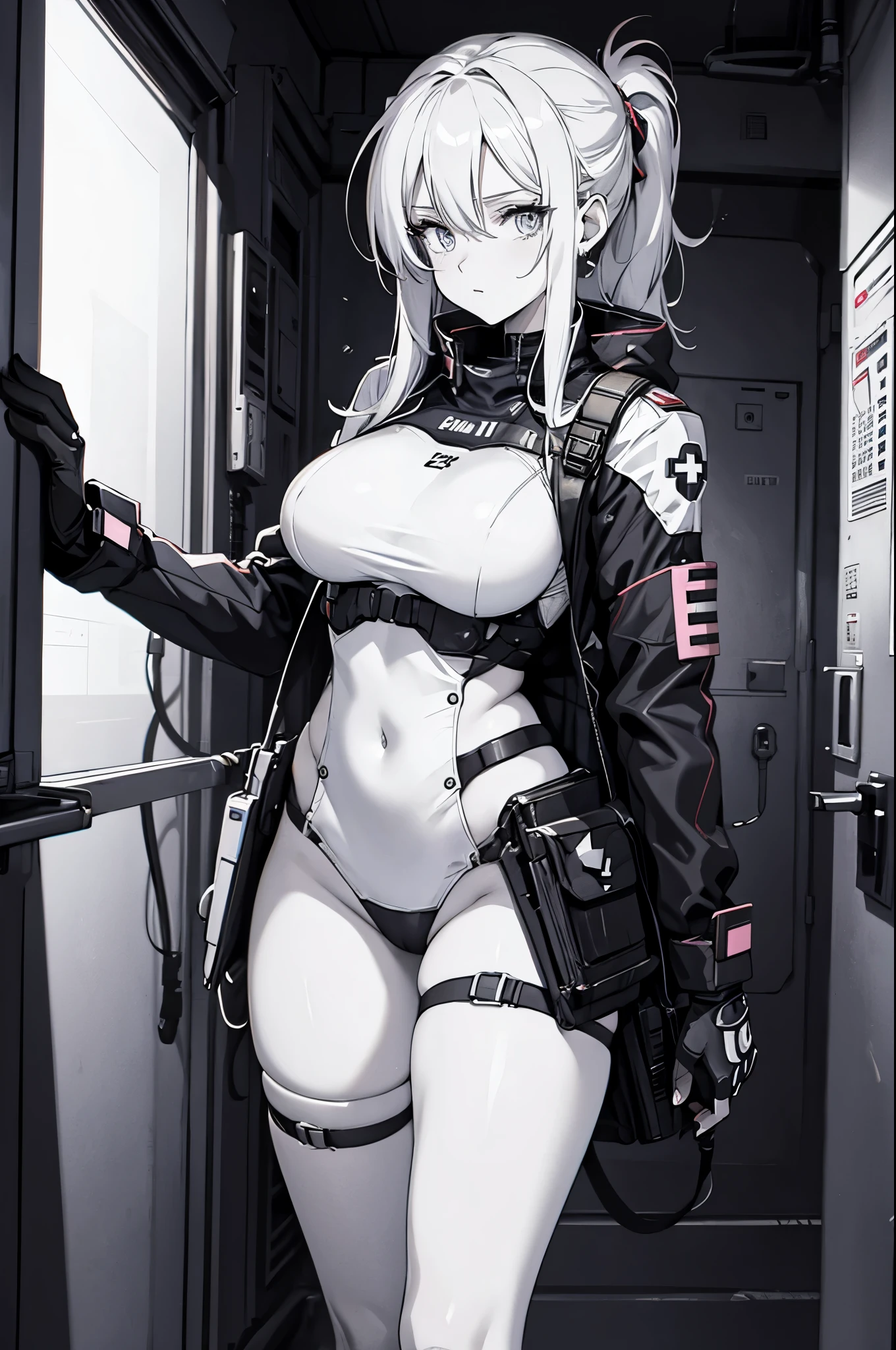 (((Epic, Masterwork, High Detail, Anime Illustration))), Black and white Line drawing (in an Anime Style),Epic sexy Detail, Variable Line art, Clean line art, HD 4k, No color,(sexy female combat Medic) Working in a High tech room, ((Full body)), ((standing))